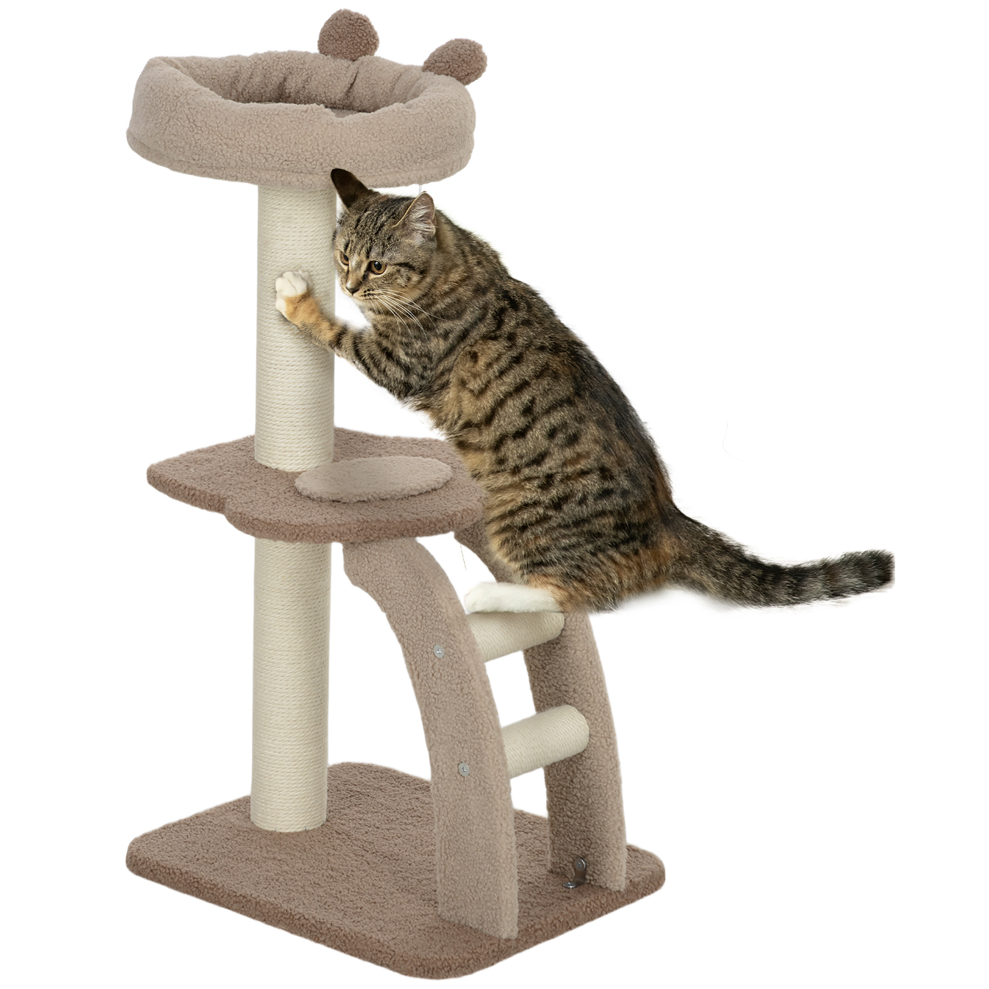 PawHut Árbol para Gatos Altura 88 cm Torre para Gatos con Nido Plataformas Bola Colgante Escalera y Poste de Sisal Café