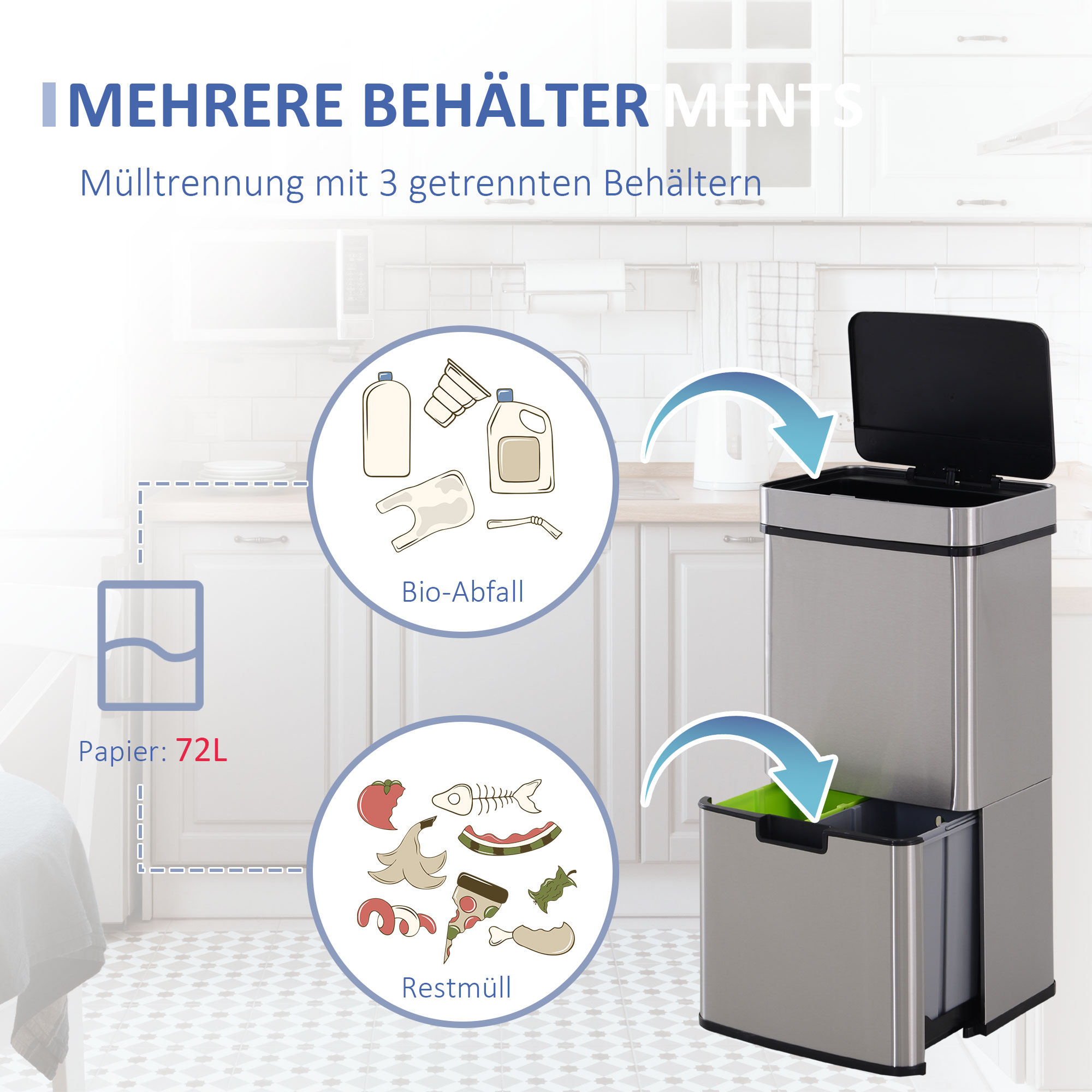Poubelle De Cuisine Automatique HOMCOM 72L - 3 Compartiments Tri Sélectif - Ouverture Capteur - Acier Inox 42x30x81cm