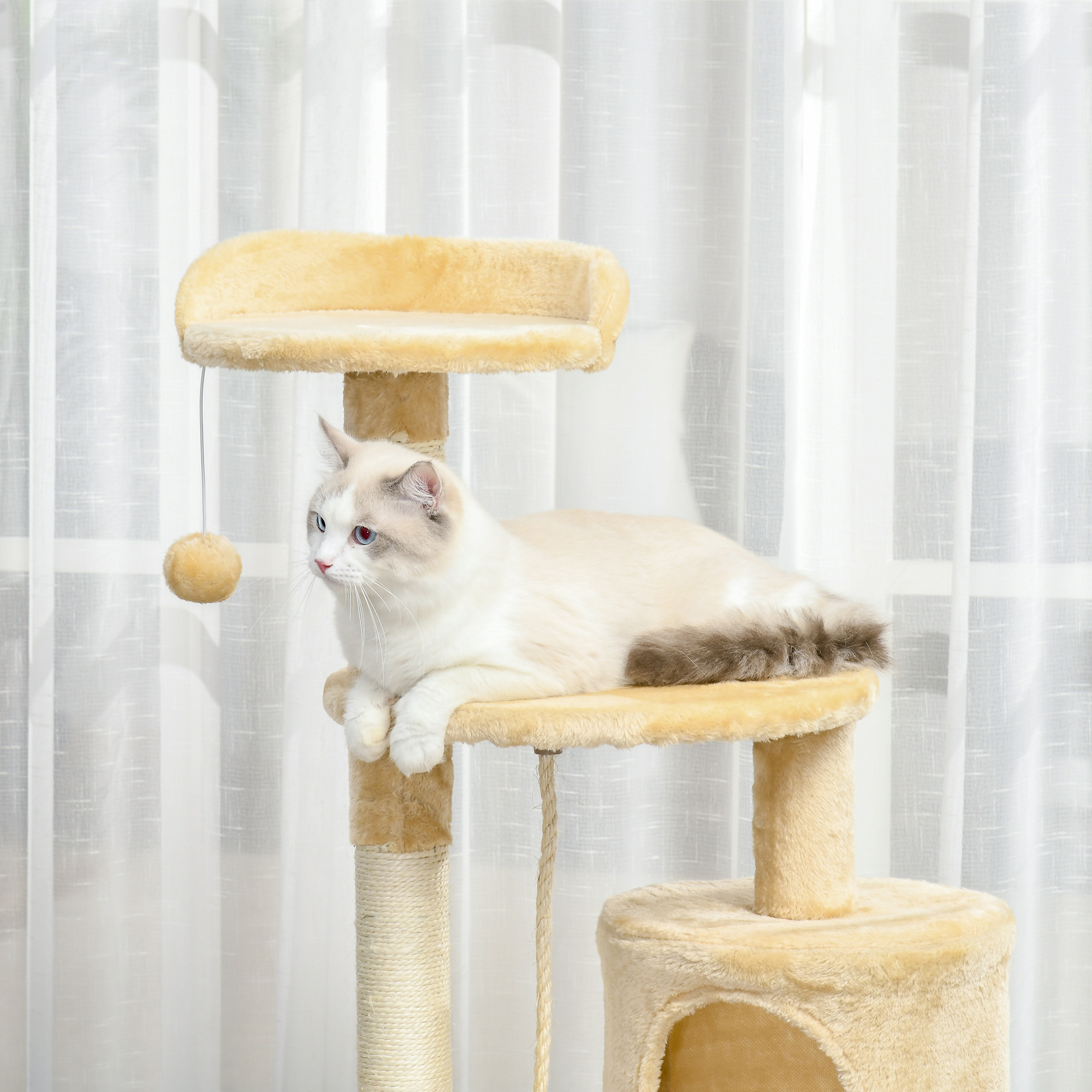 PawHut Cat Tree for Indoor Cats Pet Activity Centre Kitty Condo Climbing Scratching Post with Toys 4-tier 114cm Tall Beige 9