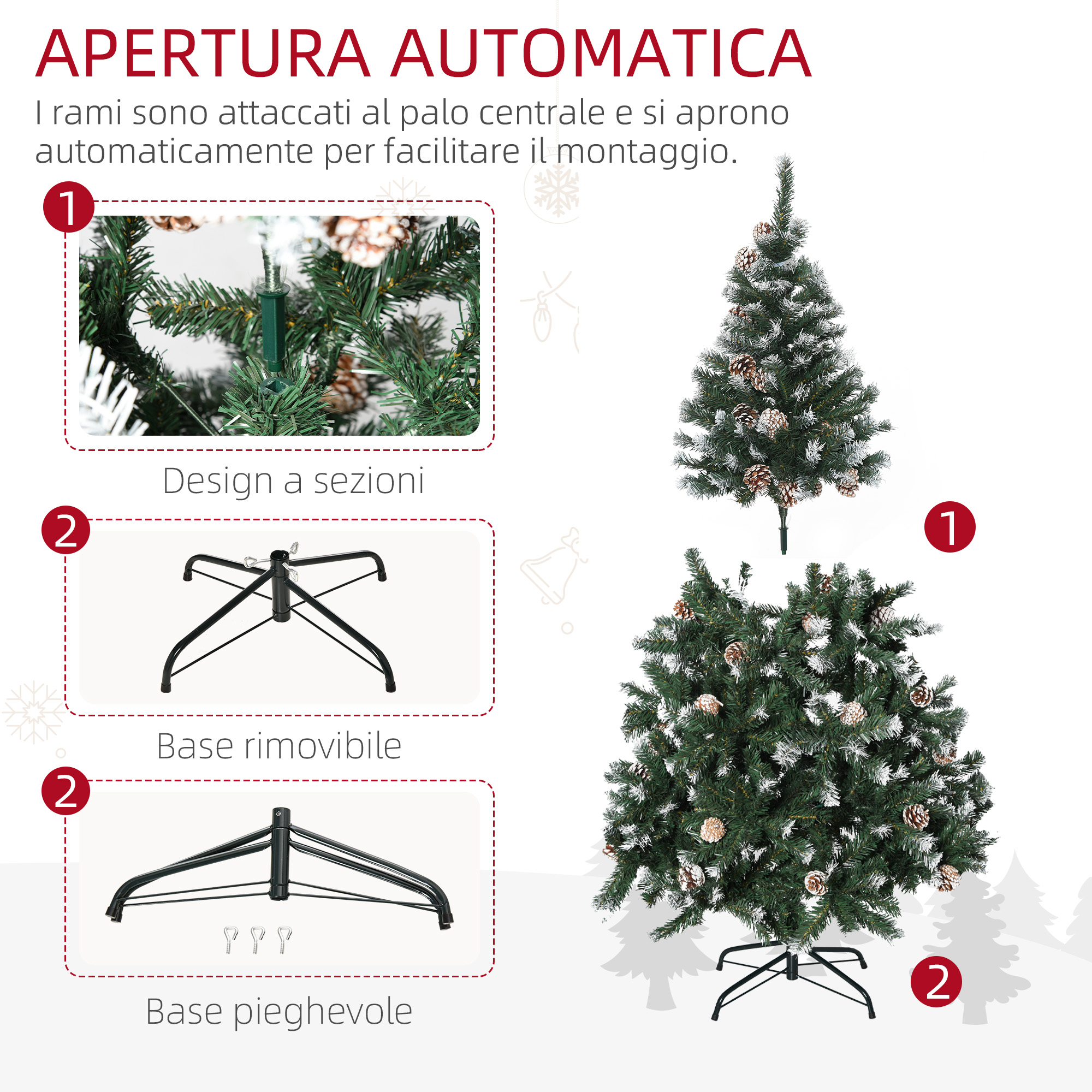 HOMCOM Albero di Natale Slim Alto 180cm con Base Pieghevole, Albero di Natale Artificiale con 380 Rami, in PVC e Metallo, Verde
