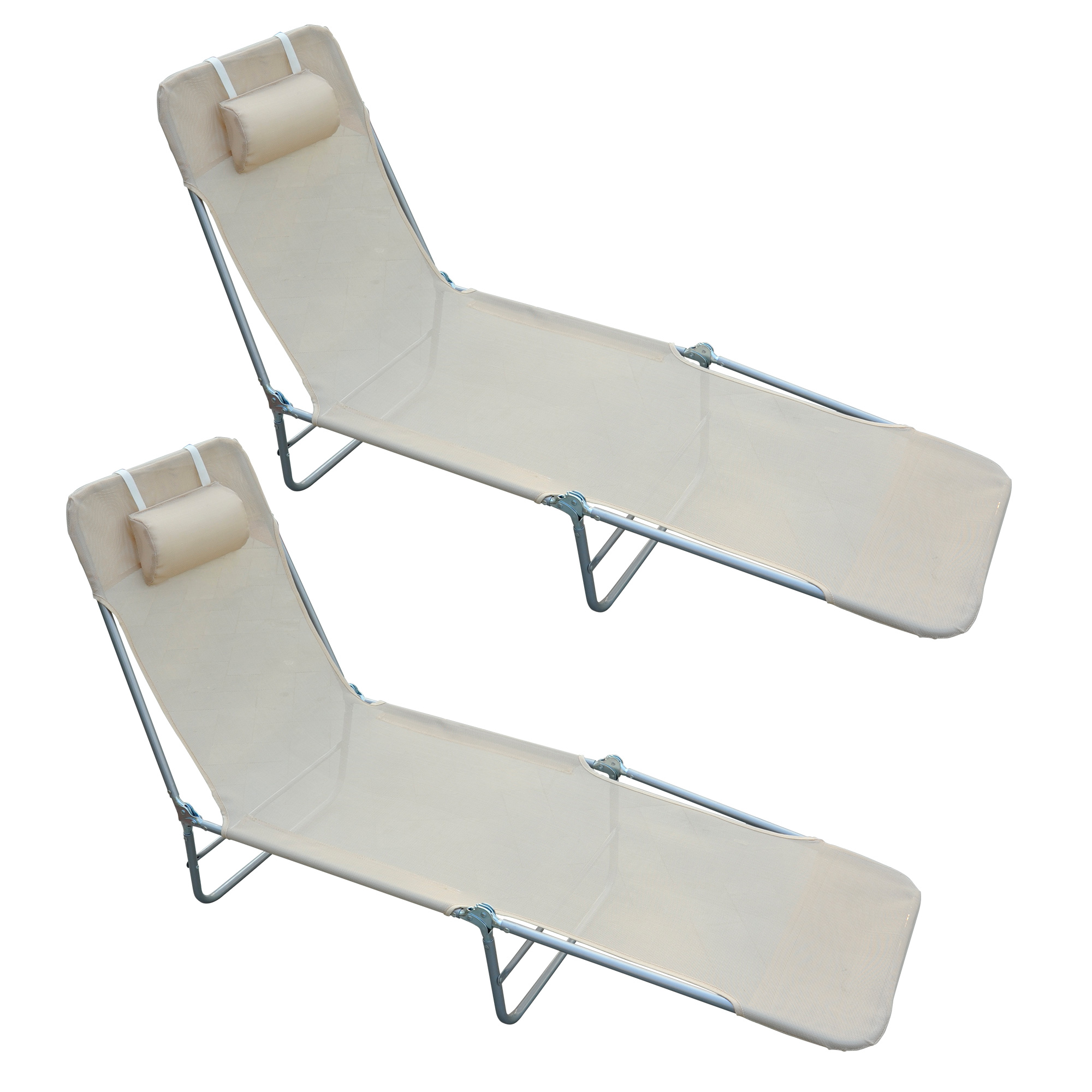 Outsunny Set di 2 Lettinida Giardino Pieghevoli con Schienale Reclinabile a 4 Livelli, Lettini Prendisole in Acciaio e Tessuto a Rete, Beige Aosom