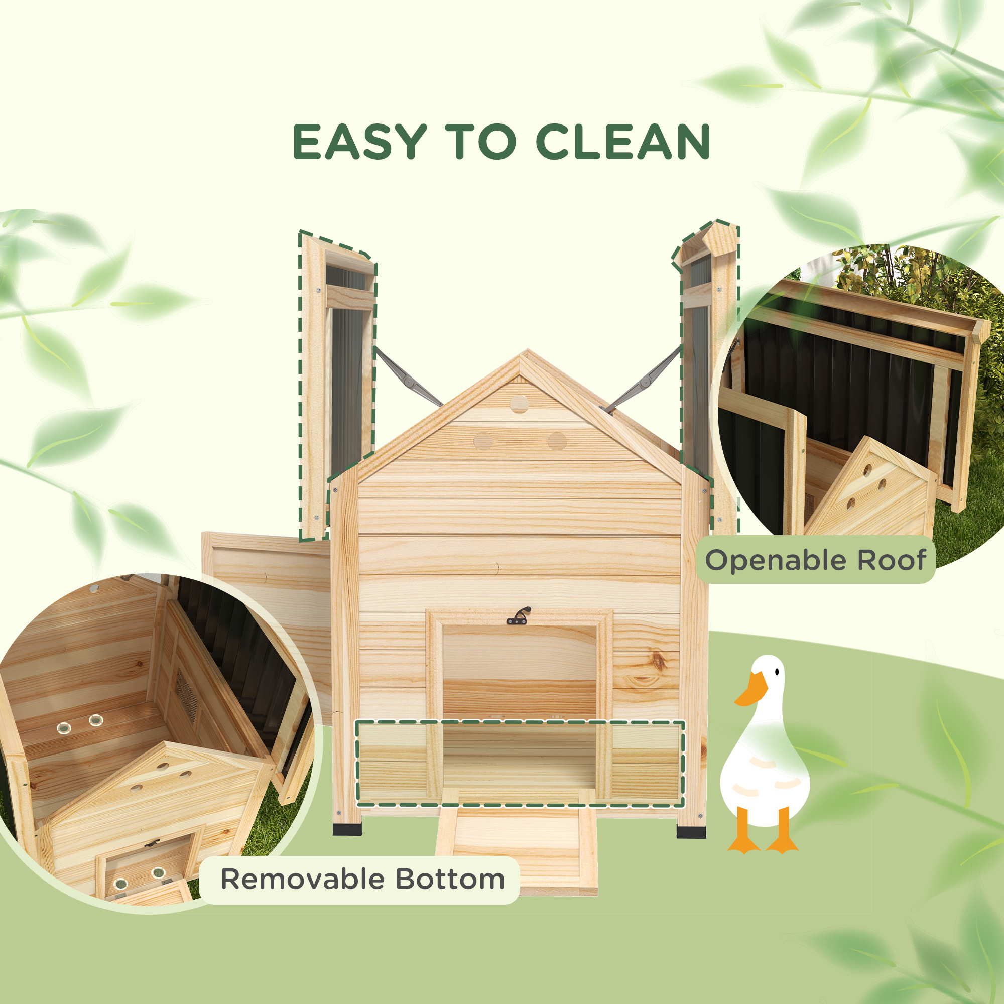 PawHut Wooden Duck House with Double Doors, Openable Roof, Ventilation Holes, Removable Base, Natural Wood Finish 4