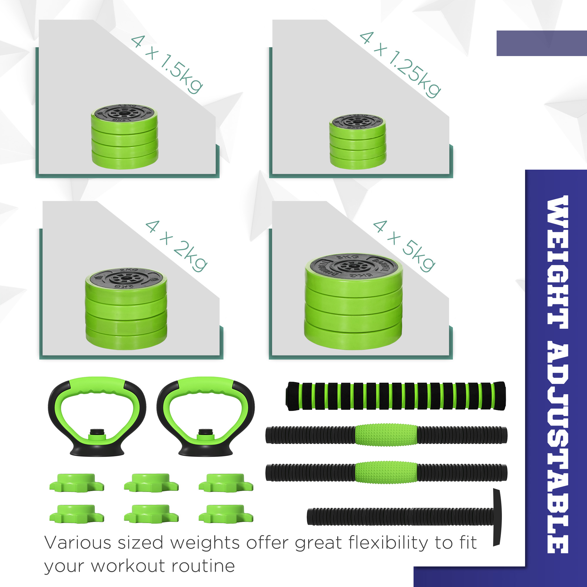 SPORTNOW 40kg Four-In-One Adjustable Weight Dumbbells Set, Barbell, Kettlebell, Push Up Stand Green 5