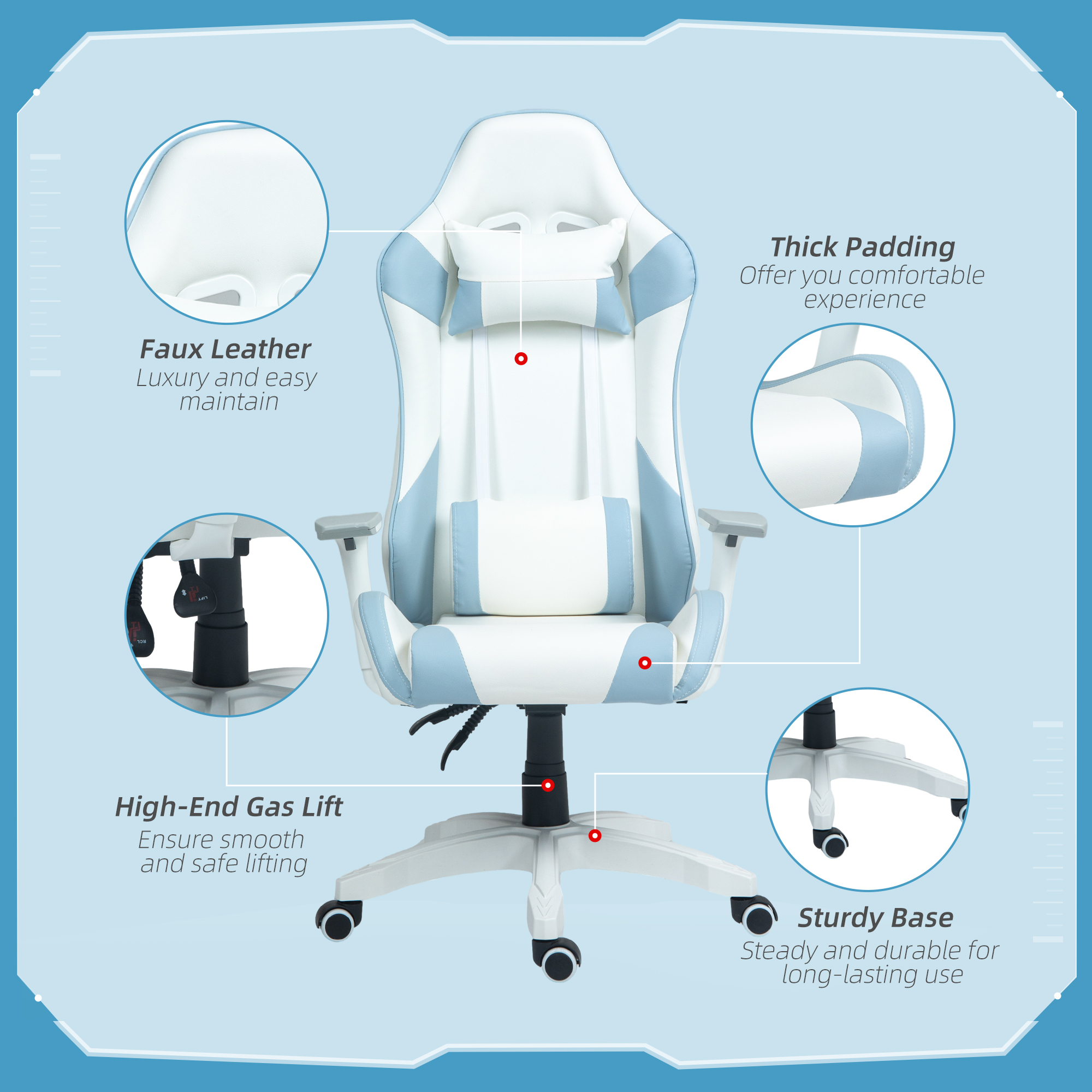 HOMCOM Faux Leather Colour Block Gaming Chair, with 135° Reclining Back Blue/White 8