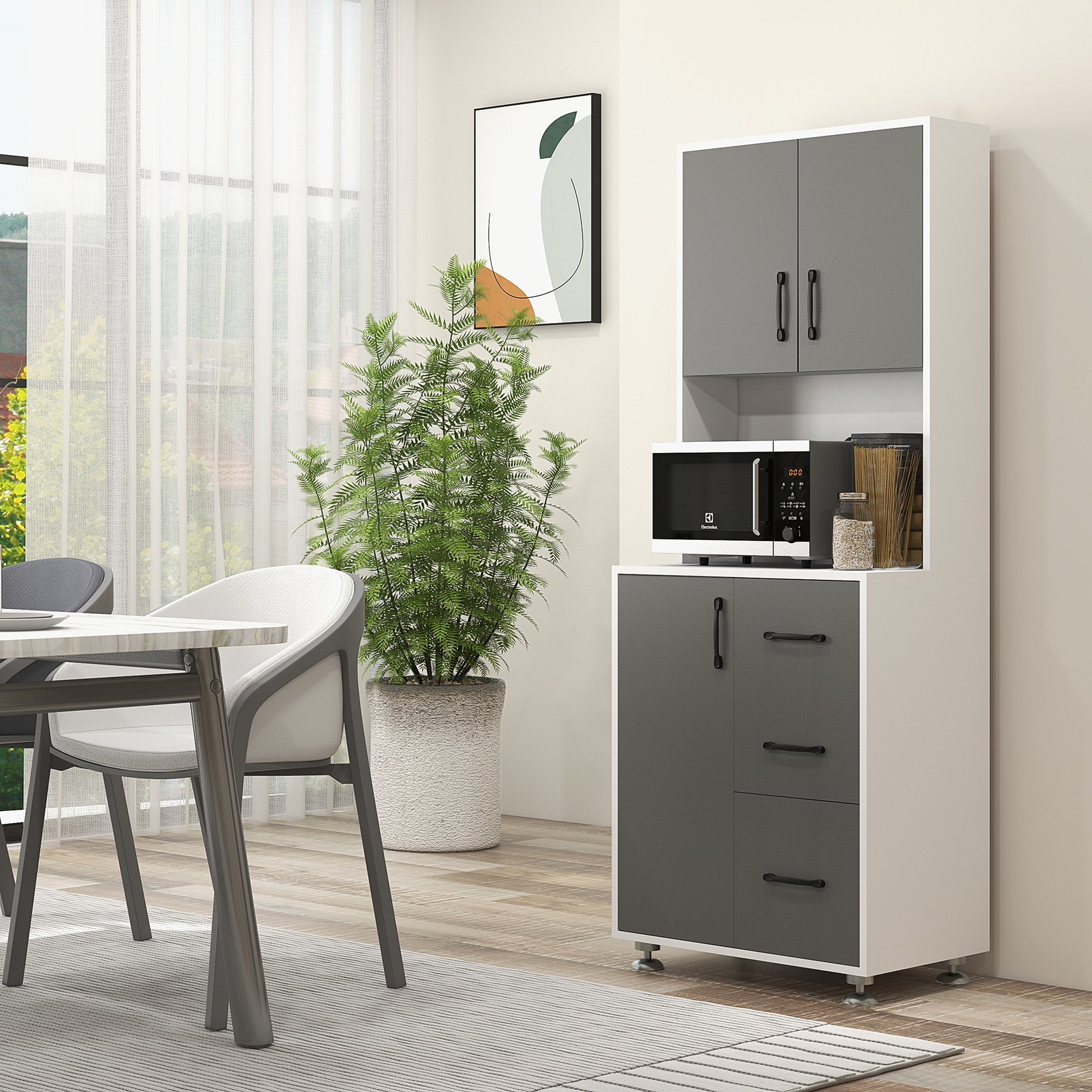 HOMCOM Modern Kitchen Cupboard with Storage Cabinets, 3 Drawers and Open Countertop for Living Room, Grey 2
