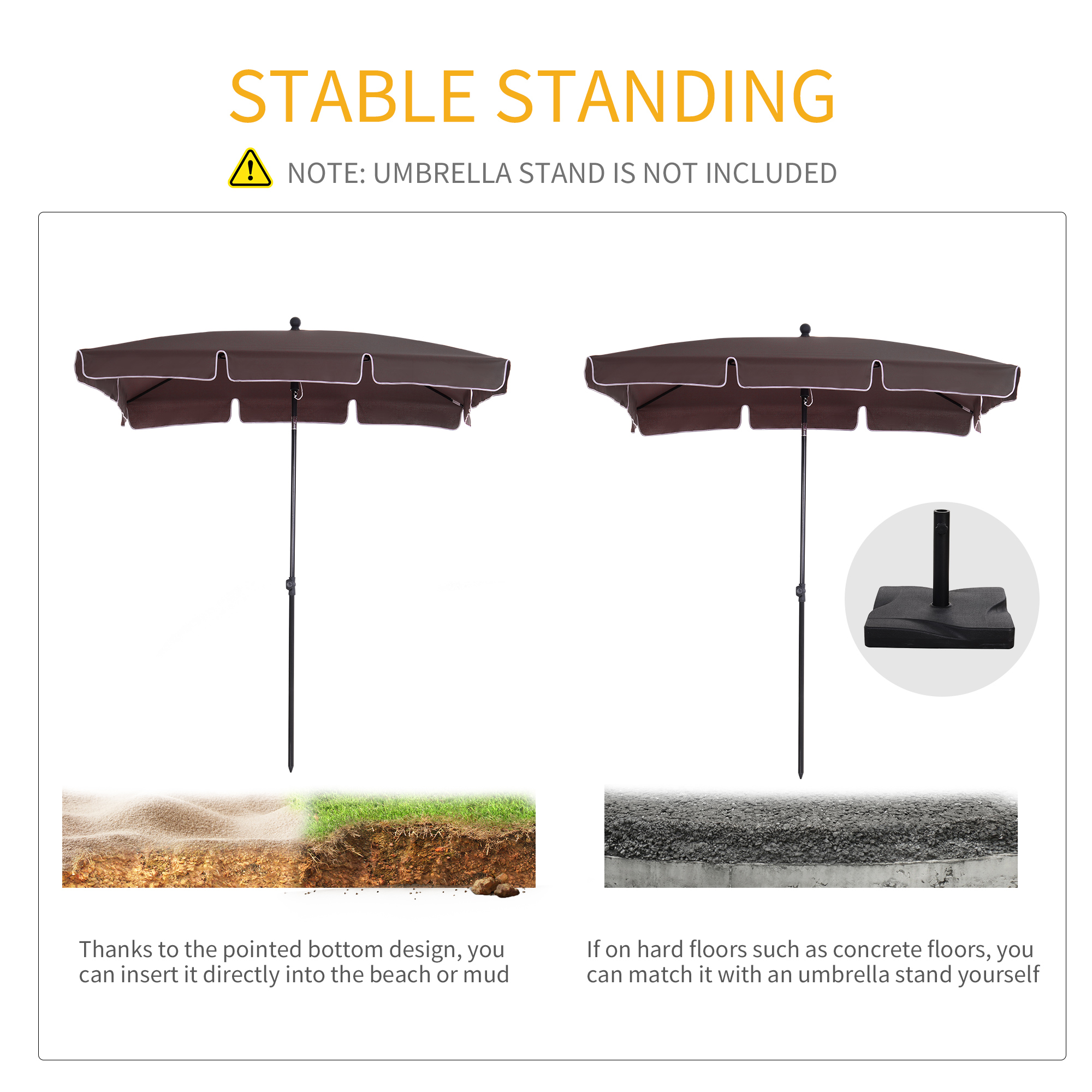 Outsunny Garden Parasol Umbrella, Outdoor Market Table Umbrella with Ruffles & Aluminium Pole, Rectangular Tilting Parasol Sun Shade Canopy, 2 x 1.3m, Brown 6
