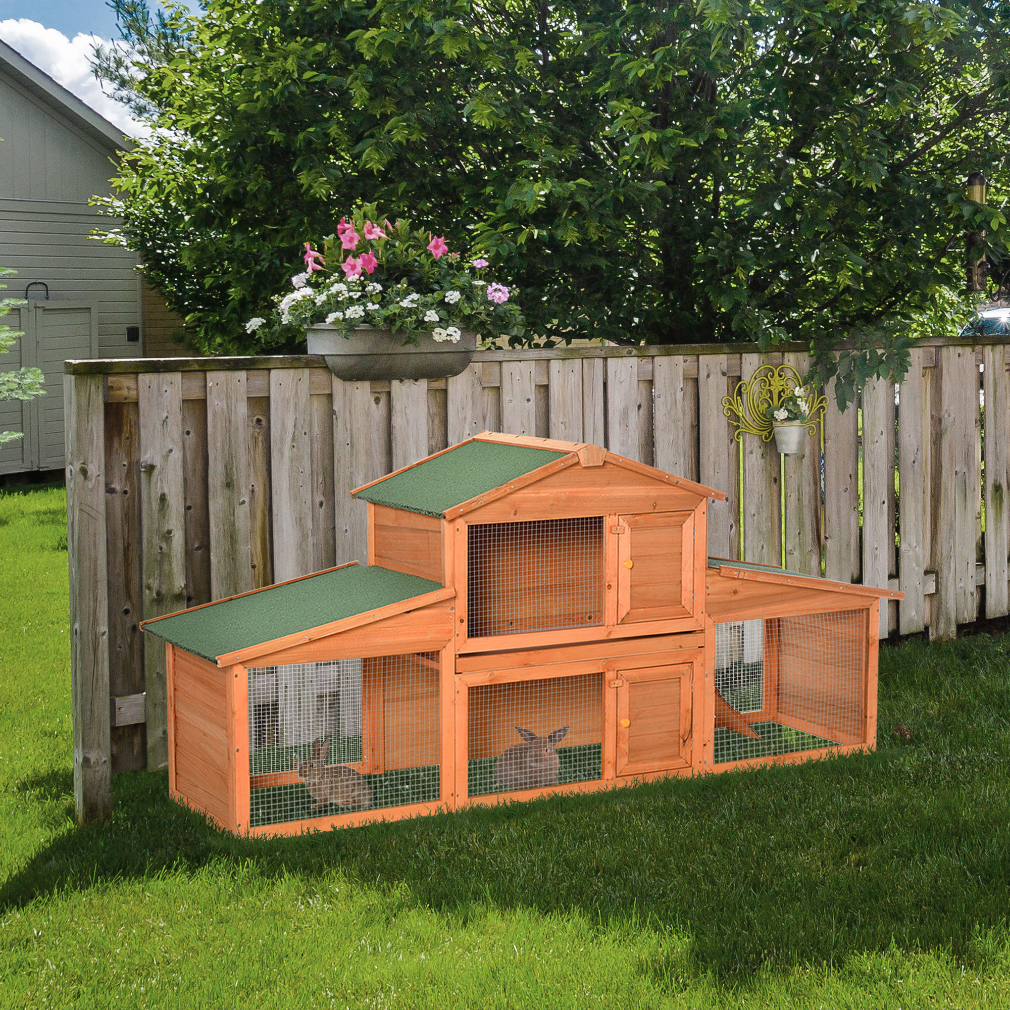 PawHut Large Rabbit Hutch Outdoor, Guinea Pig Hutch, Wooden Small Animal House, with Rabbit Run, 215 x 63 x 97 cm 2