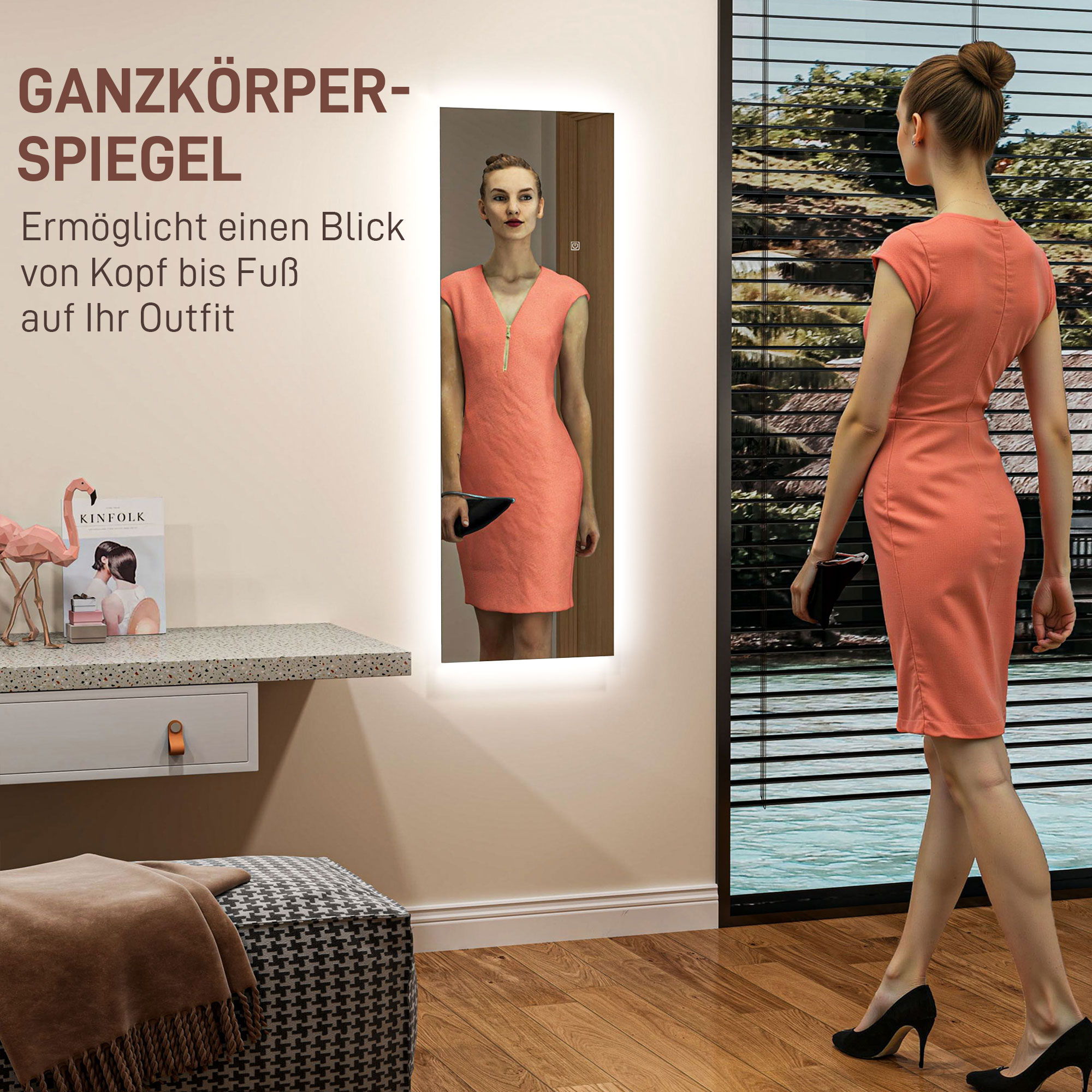 LED-täispikk peegel, hämardatav, raamita, puutetundlik, 40 x 120 cm