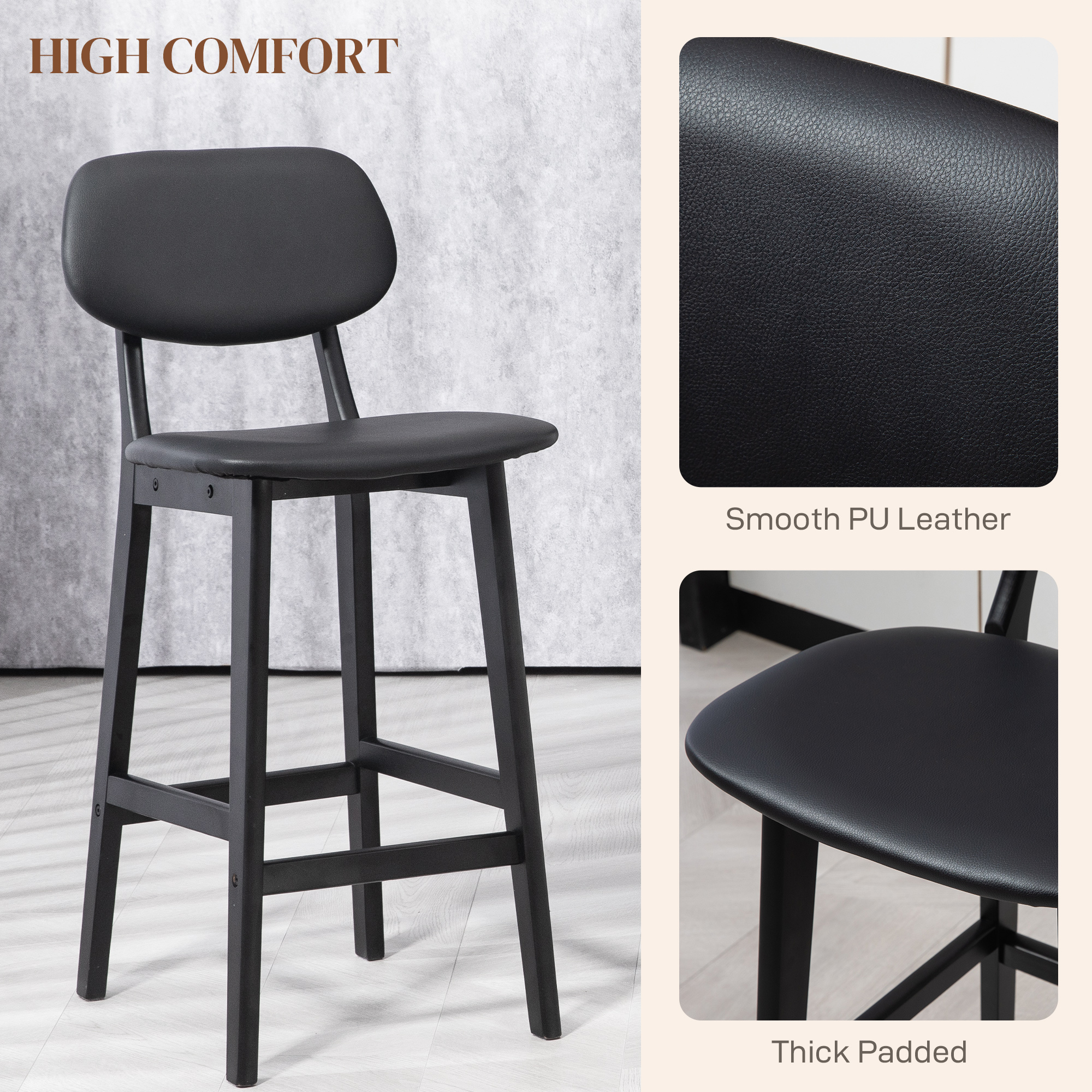 HOMCOM Set of Two Wooden Classic Bar Stools, with Faux Leather Seats Black 5