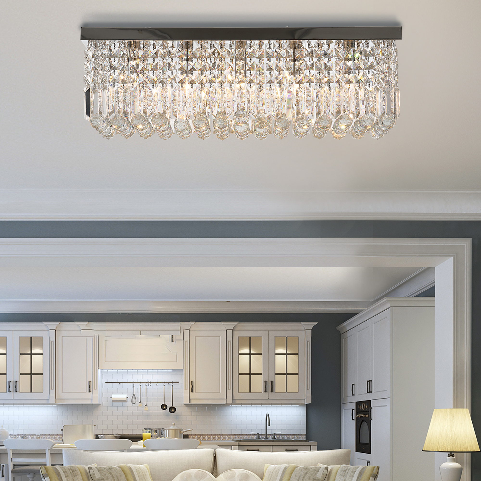 HOMCOM Modern Crystal Ceiling Light Square Crystal Chandelier for Living Room, Dining Room, Hall, E14 Base, Silver, 80 x 25 x 23cm 2
