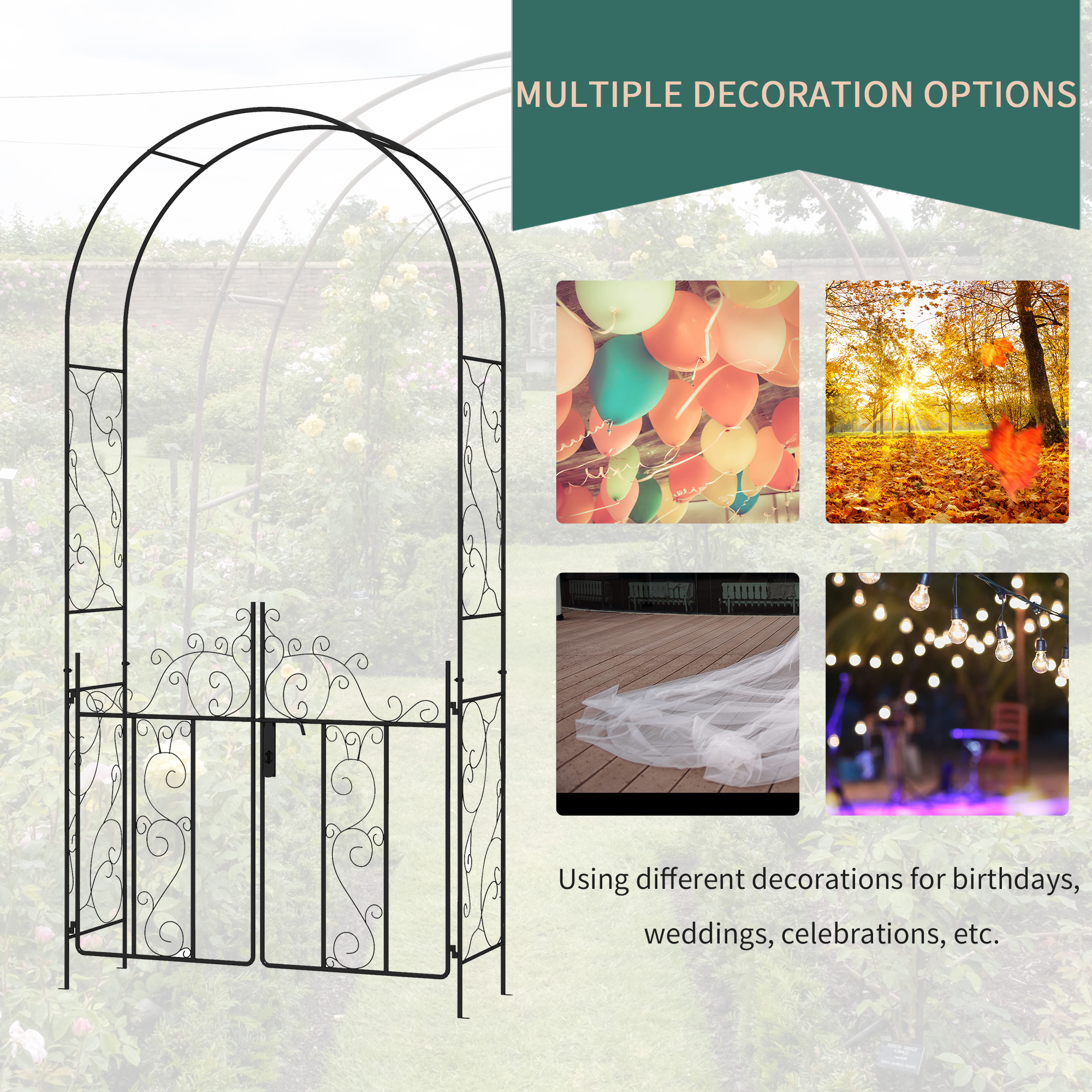 Outsunny Outdoor Garden Arch with Double Gates, Metal Garden Arbor for Climbing Plants, Roses, Vines, Wedding Arch for Outdoor, 125L x 38W x 227H cm, Black 6