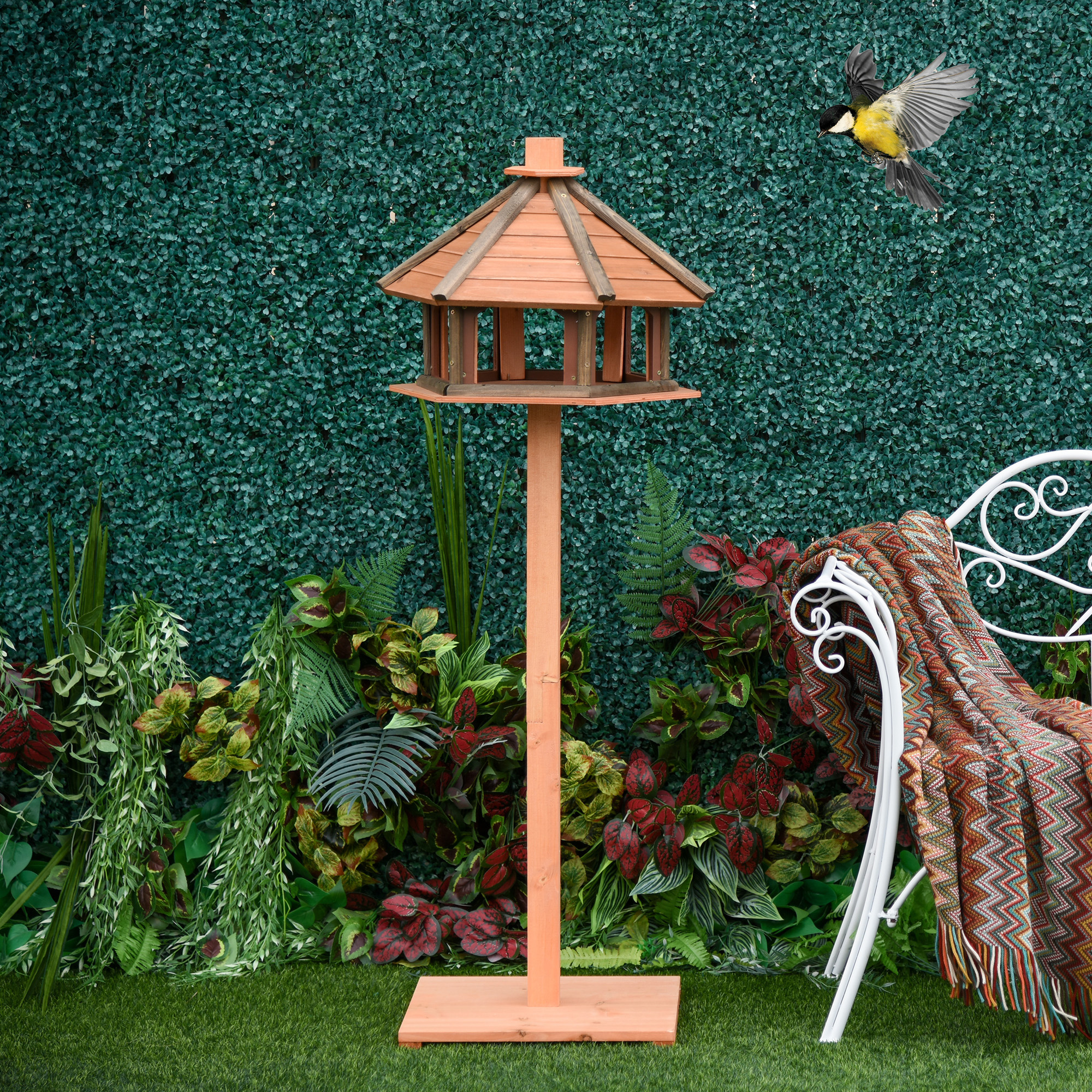 PawHut Wooden Bird Table Bird Feeding Station Playstand with Roof 130Hcm for Outdoor Brown 2