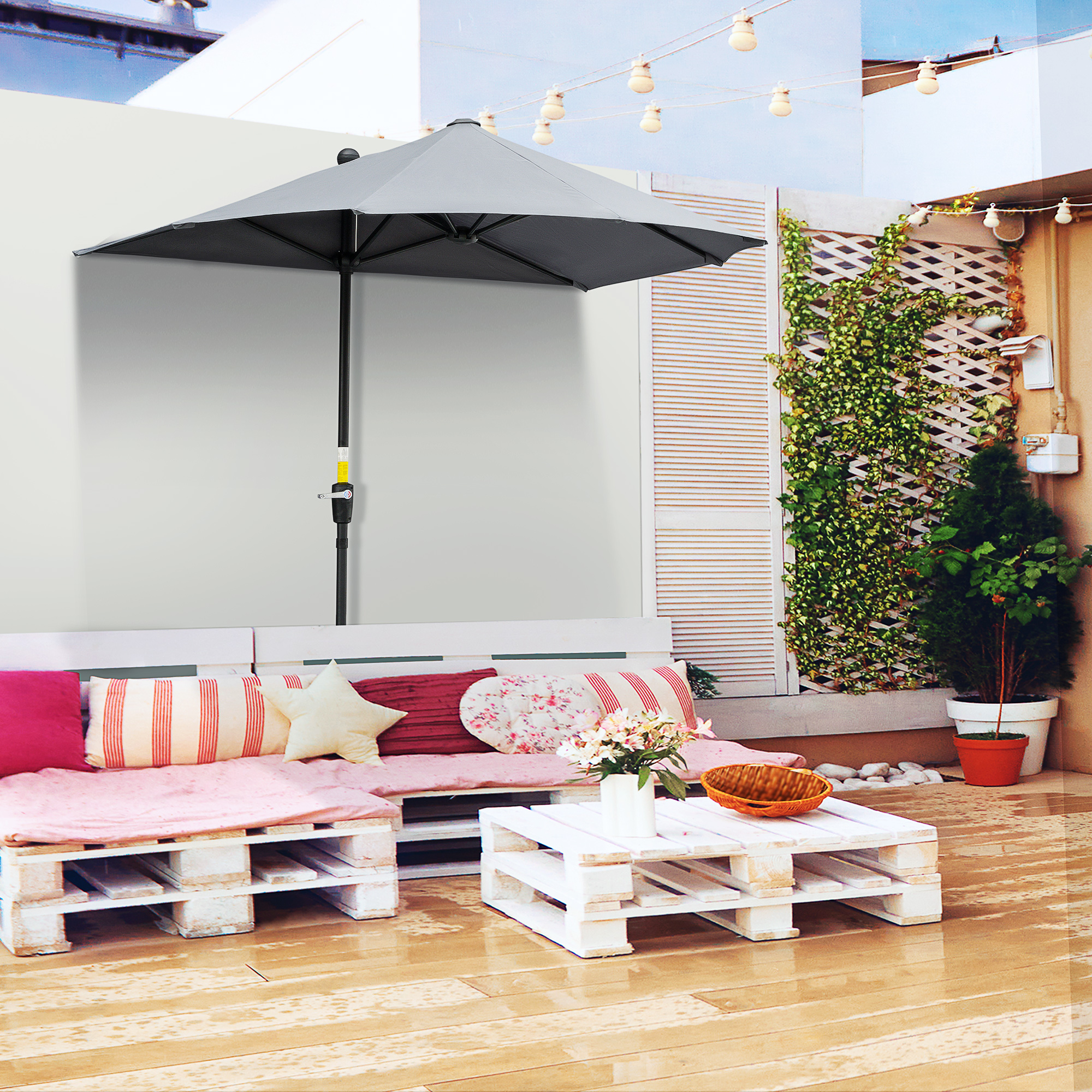 Outsunny 2m Half Parasol Market Umbrella Garden Balcony Parasol with Crank Handle, Base, Double-Sided Canopy, Dark Grey 2