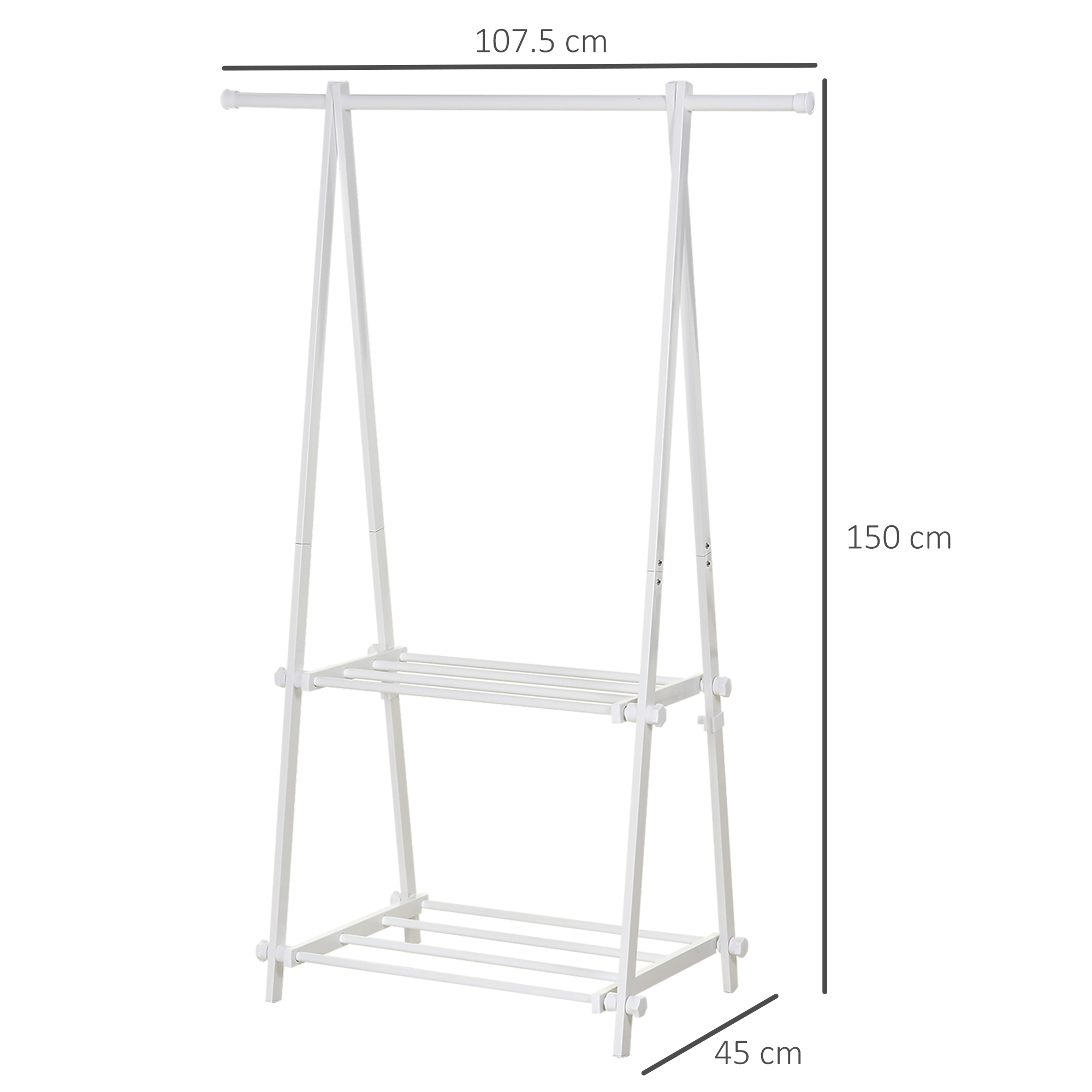 HOMCOM Minimalist Foldable Adjustable Clothes Rack Hanger w/ 2 shelves 107.5L x 45W x 150H cm Hallway Entryway Furniture White 3