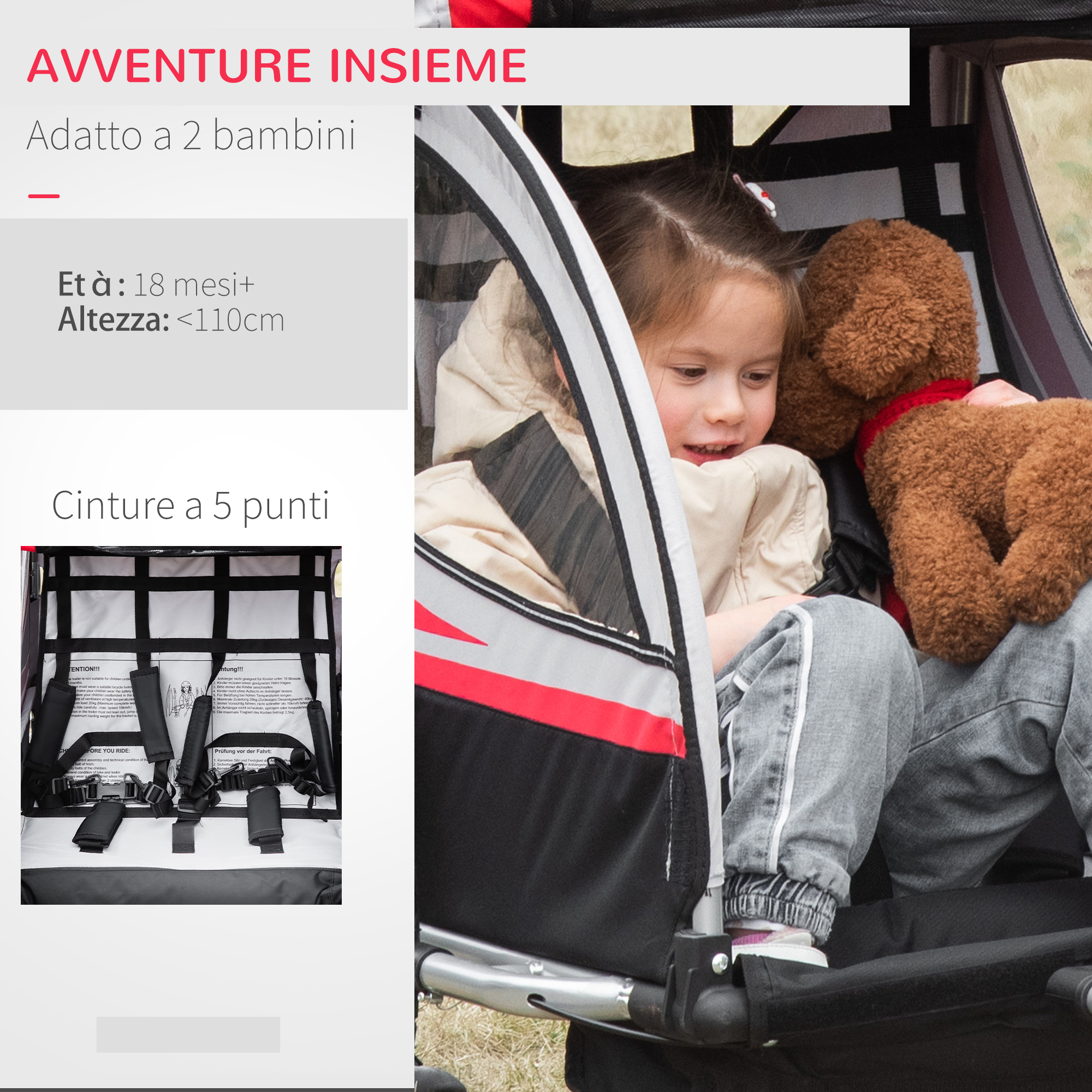 HOMCOM Rimorchio Bici per Bambini Passeggino, Design 2 in 1 con Freno, Cintura a 5 Punti e Tasche Laterali, Riflettori, 116-142Lx75Px101Acm, Multicolore | Italy