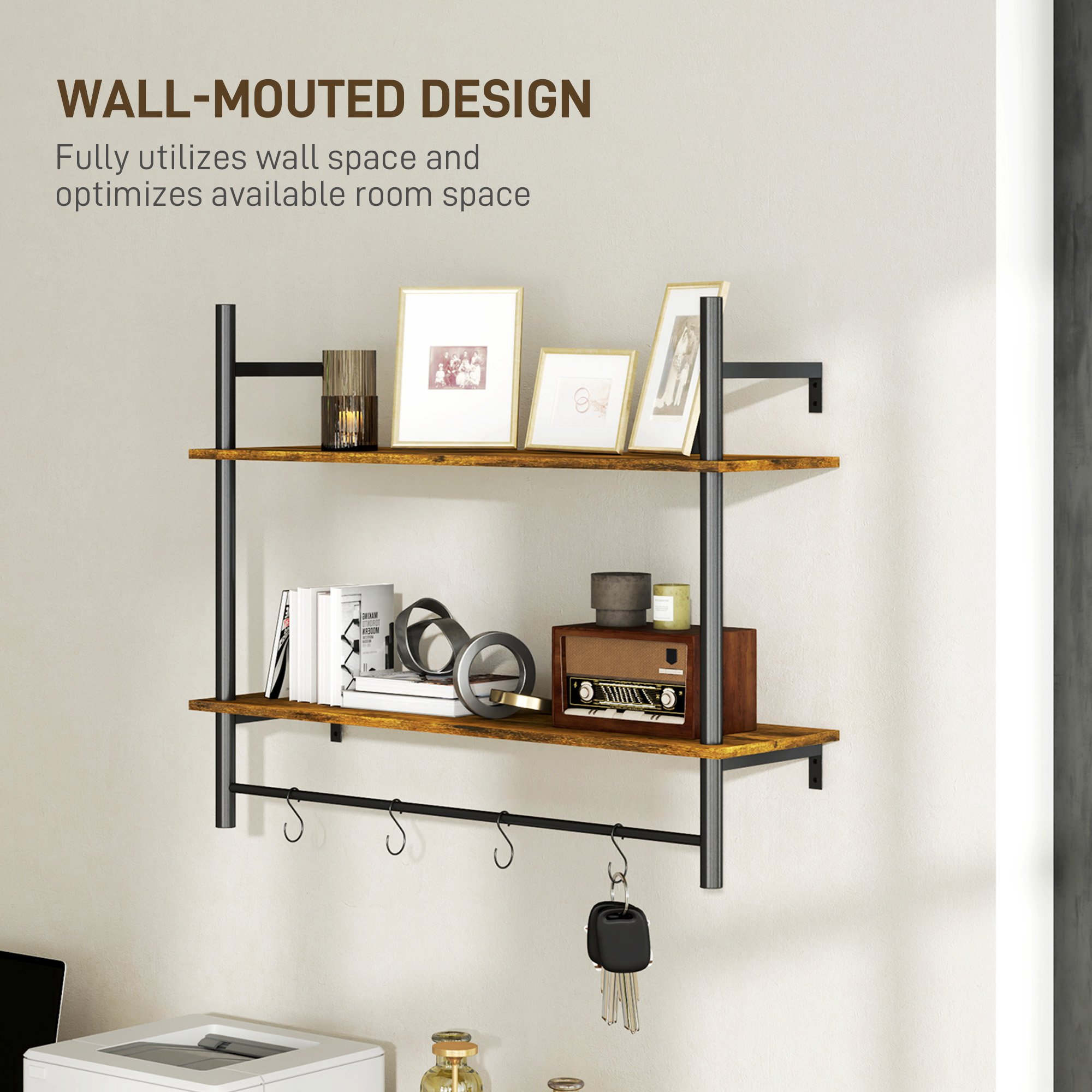 HOMCOM Wall Mounted Floating Shelves with 4 Hooks, Rustic Wall Shelf Unit for Living Room, Entryway, Rustic Brown 6