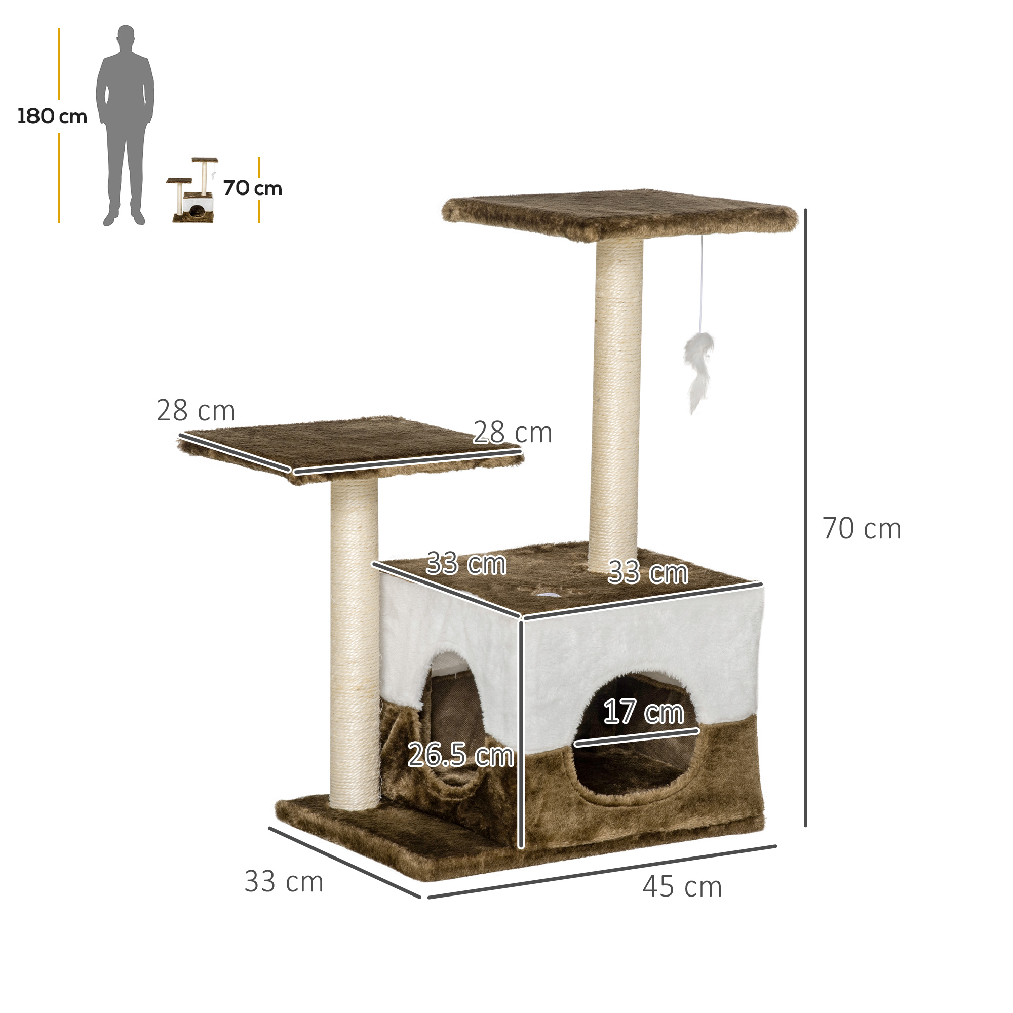 PawHut Cat Tree Tower for Indoor Cats Kitten House Scratching Posts with Condo Perch Interactive Mouse Toy, 45 x 33 x 70 cm, Brown 3