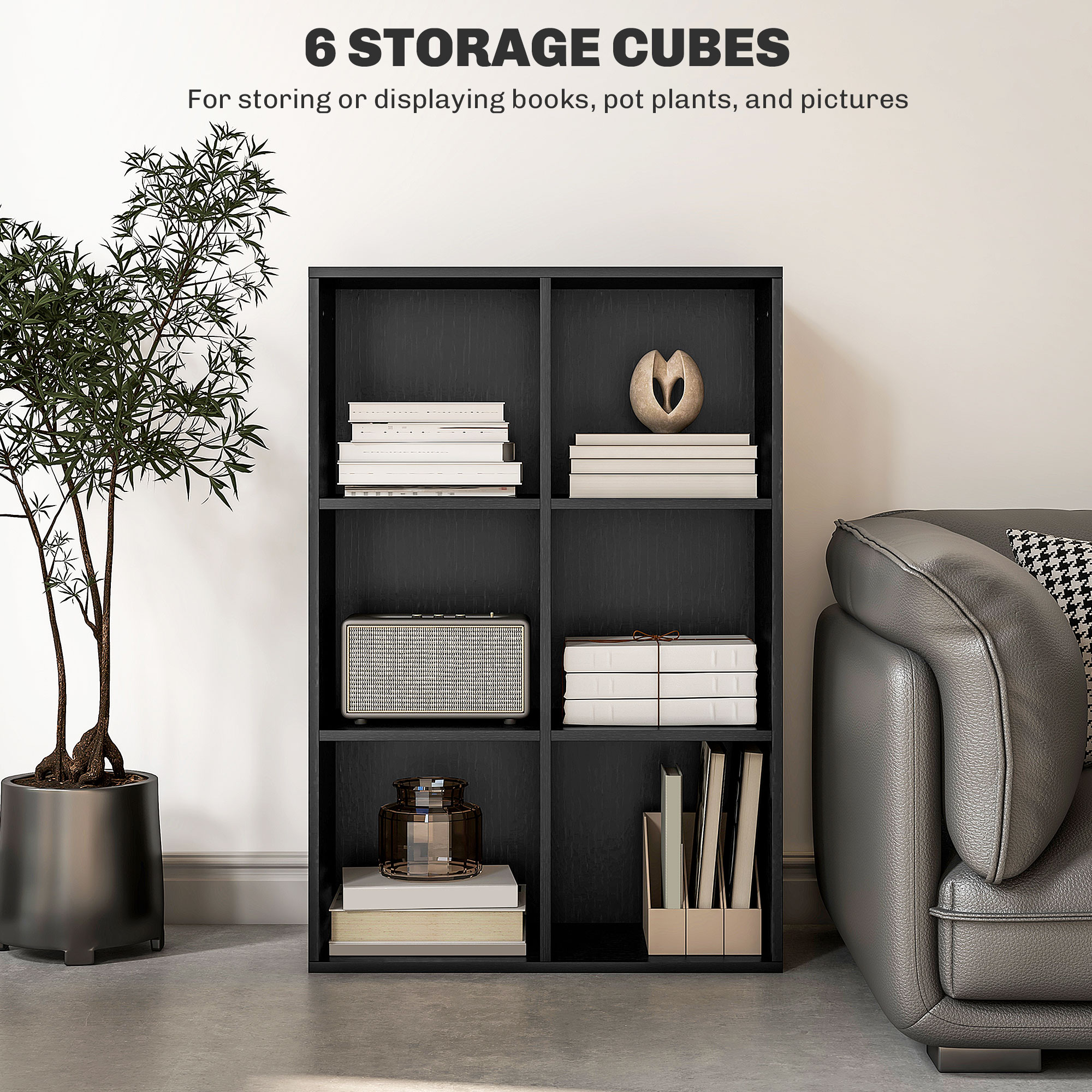 HOMCOM Six-Cube Bookcase Black Wood Effect 5