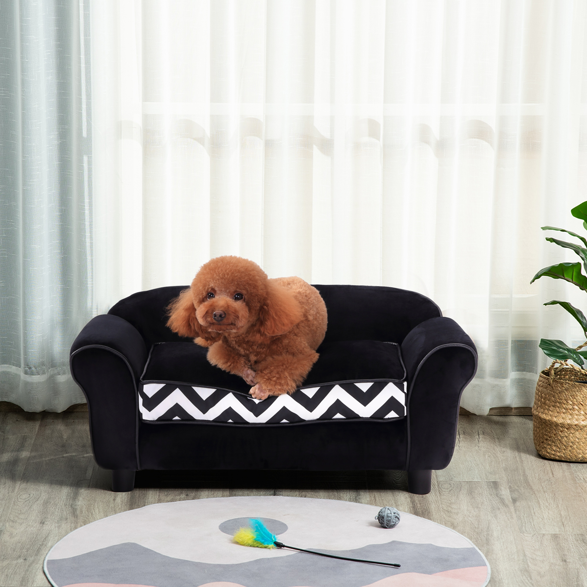 PawHut Dog Sofa Bed for XS-Sized Dogs, Cat Sofa with Soft Cushion, Pet Chair Lounge with Washable Cover, Removable Legs, Wooden Frame Black 2