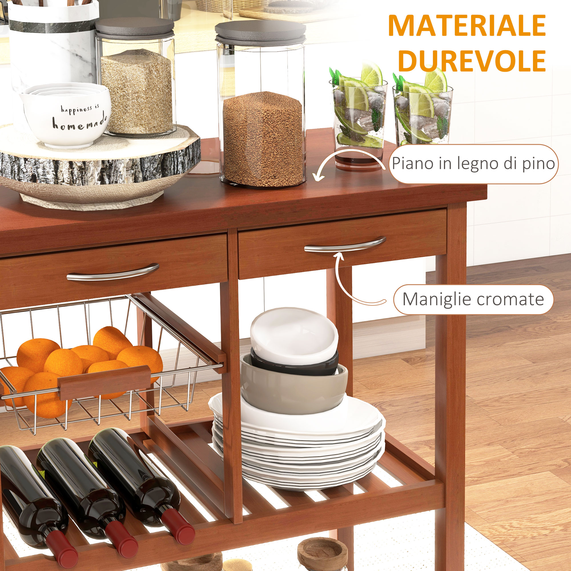 Carrellino Da Cucina A 2 Ripiani Con Ruote, Portaoggetti In Ferro, Carrello Portata Arancione, Universale E Salvaspazio