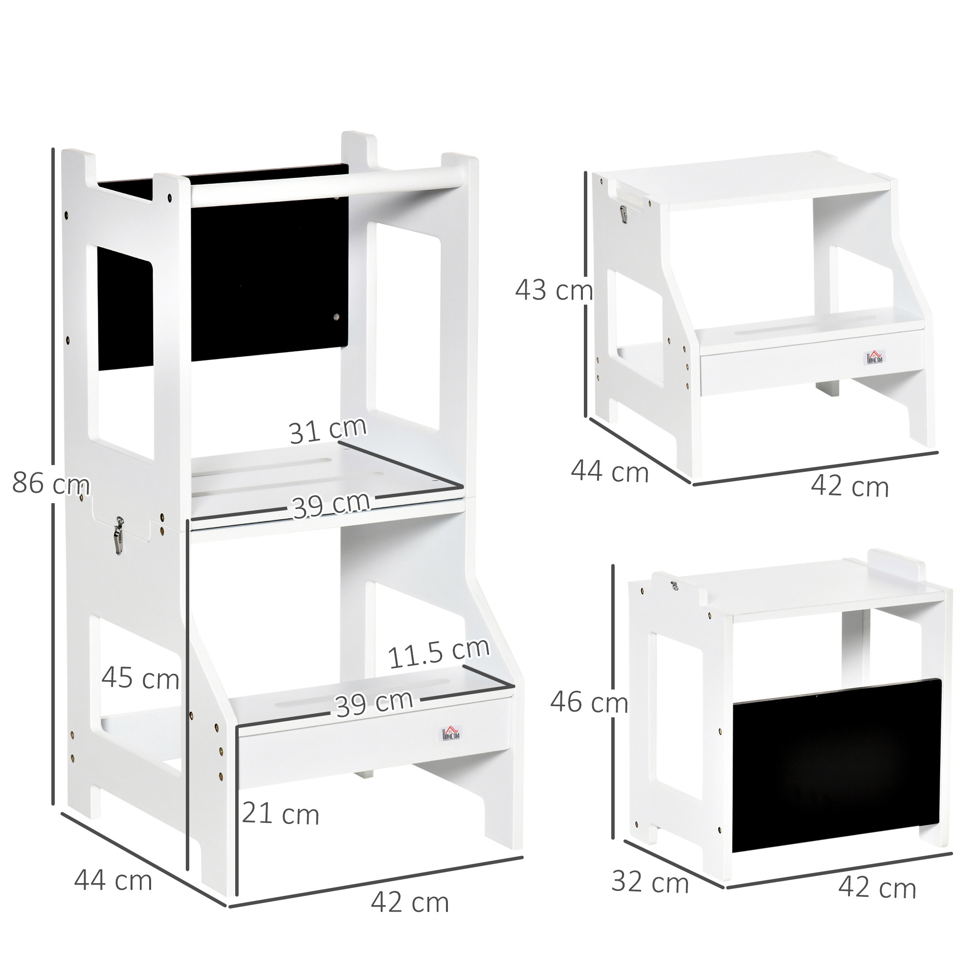 HOMCOM 2 in 1 Kids Kitchen Step Stool with Safety Rail Toddler Steps with Chalkboard for Kitchen Bathroom, White 3