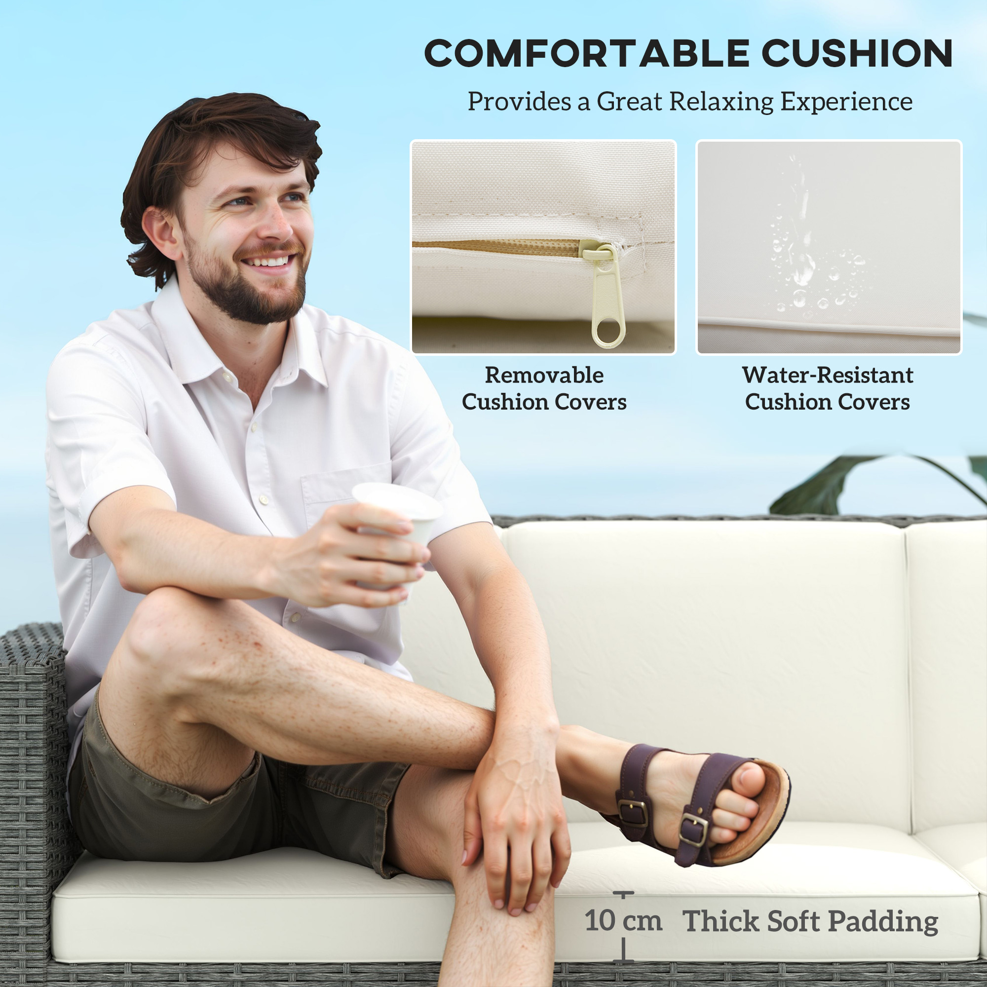 Outsunny 3 Seater Rattan Sofa All-Weather Wicker Weave Metal Frame Chair with Fire Resistant Cushio-Cream 5