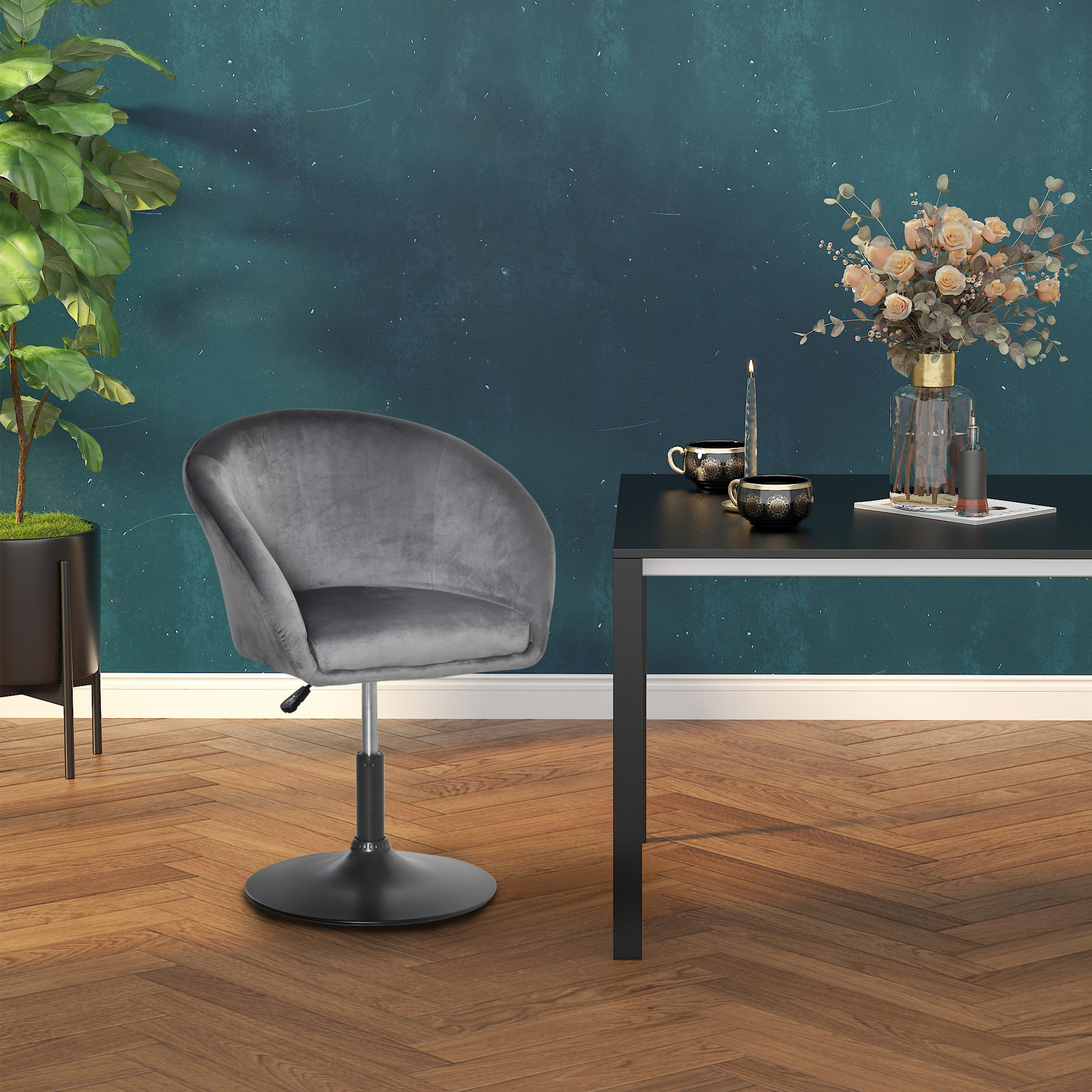 HOMCOM Dressing Table Chair, 360° Swivel Velvet-feel Upholstered Vanity Chair with Tub Seat, Back, Adjustable Height for Bedroom Makeup, Grey 7