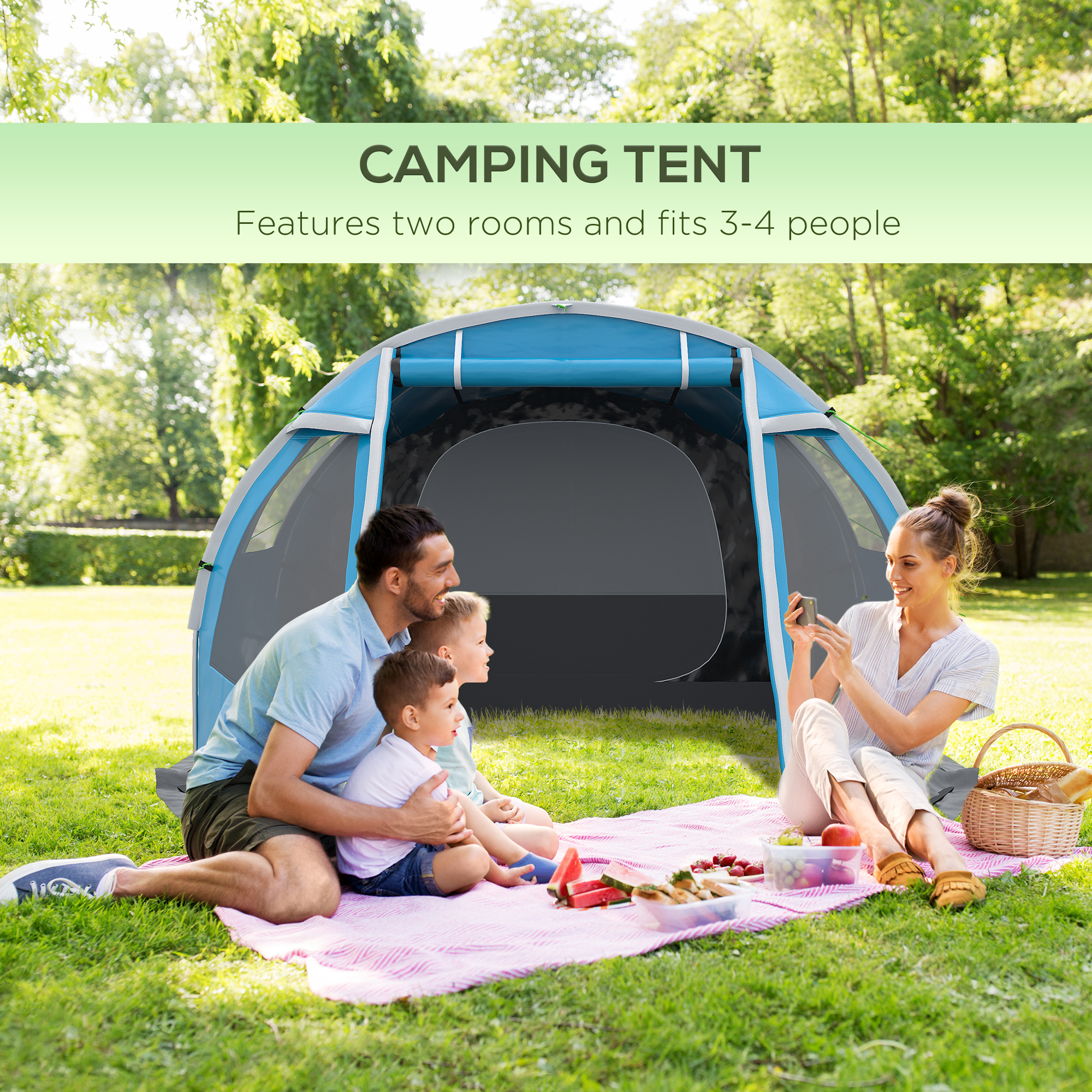 Outsunny 3-4 Man Tunnel Tent, Two Room Camping Tent with Windows, Portable Carry Bag, for Fishing, Hiking, Sports, Festival Blue 4