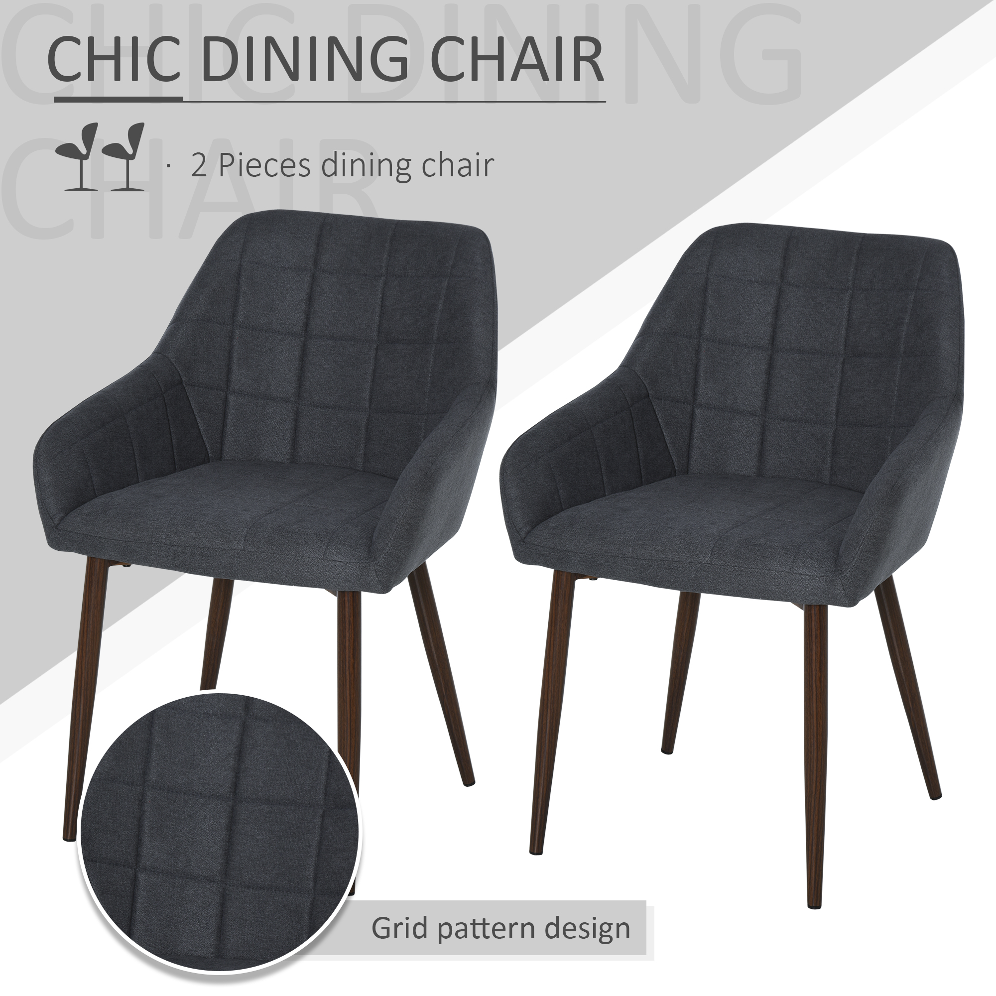 HOMCOM 2 Pieces Linen-Touch Fabric Dining Chair with Grid Pattern Cushion and Backrest, Mid Back Leisure Chair with Steel Leg, Sponge Padded Armchair for Dining Room 4