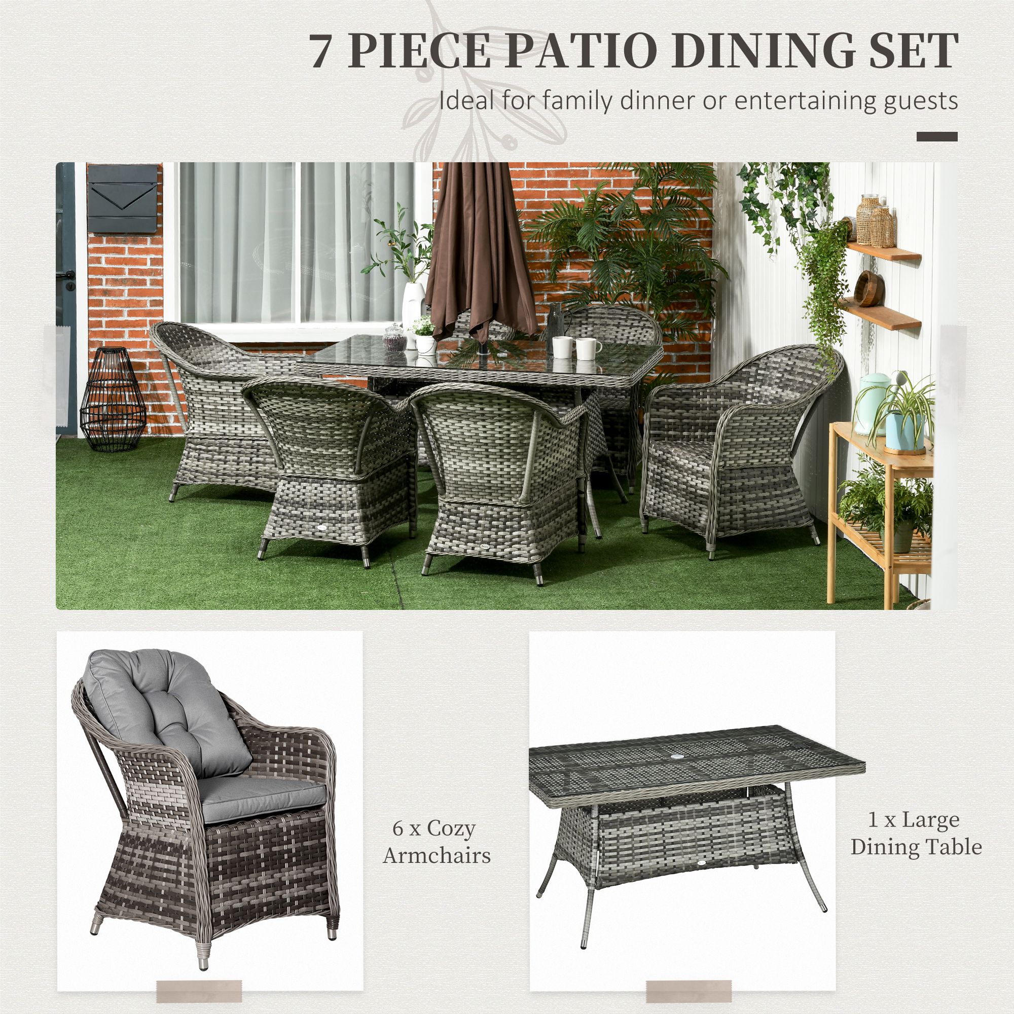 HAPPYGRILL 7 Pieces Rattan Wicker Patio Dining Set, Outdoor Dining Set With Cushions Large Dining Table With Acacia Wood Top Outside Dining Furniture Set With Umbrella Hole