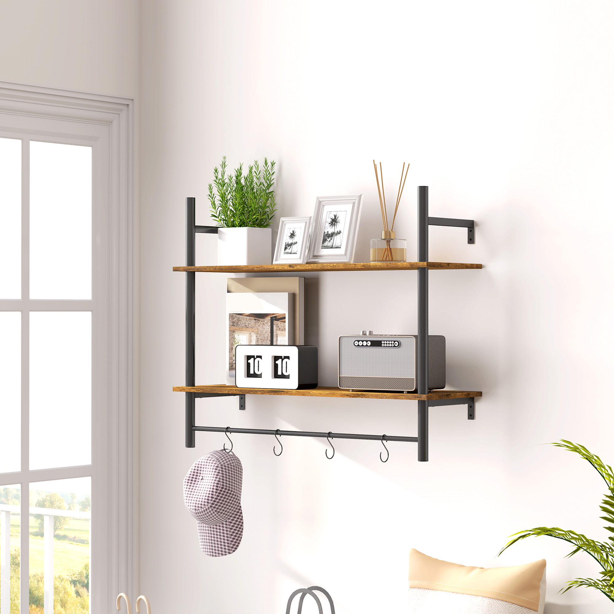 HOMCOM Wall Mounted Floating Shelves with 4 Hooks, Rustic Wall Shelf Unit for Living Room, Entryway, Rustic Brown 2