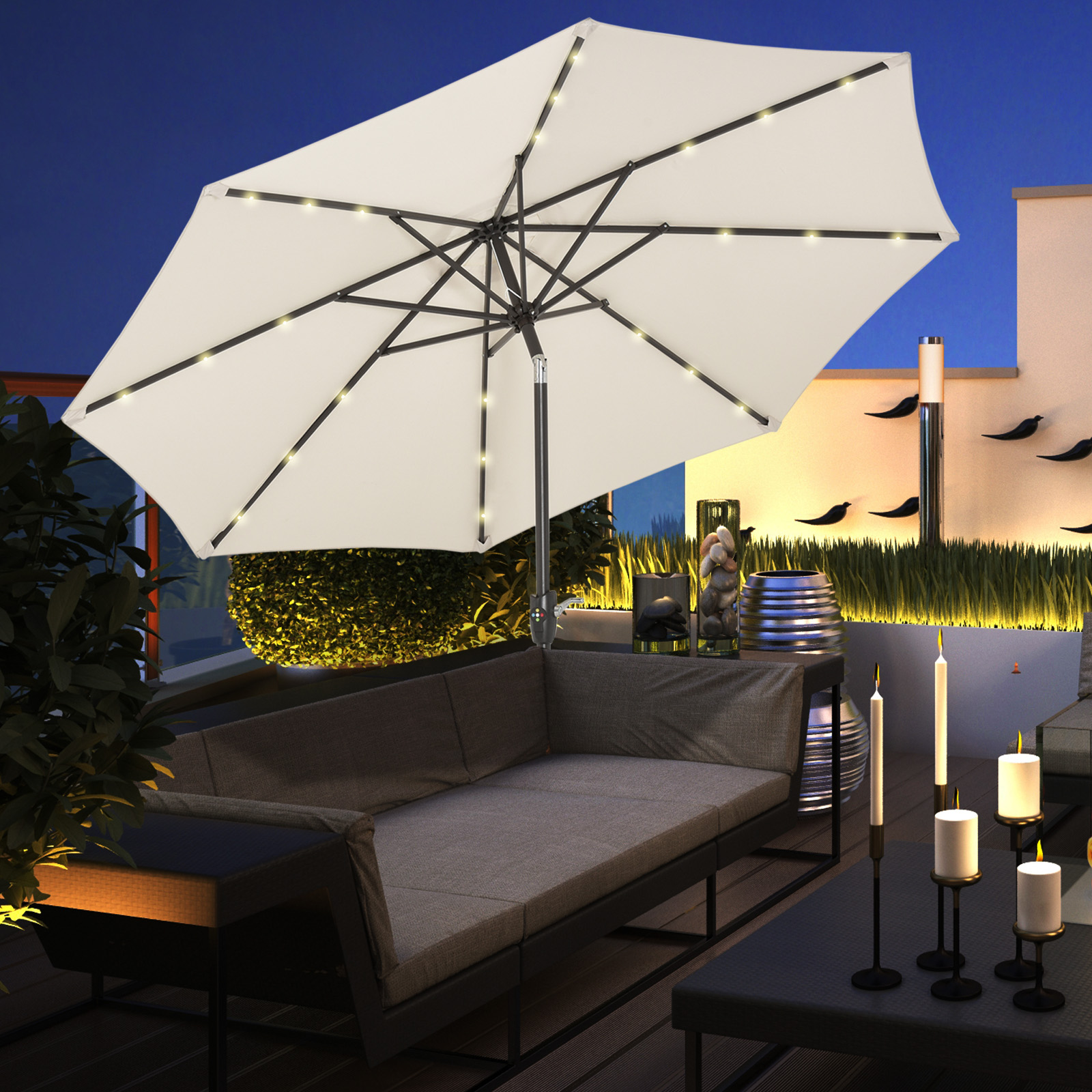 Outsunny Φ2.7m Garden 24 LED Light Parasol Solar Outdoor Tilt Sun Umbrella Patio Club Party Event Manual Sun Shade w/ Hand Crank and 8 Ribs, Off-white 2