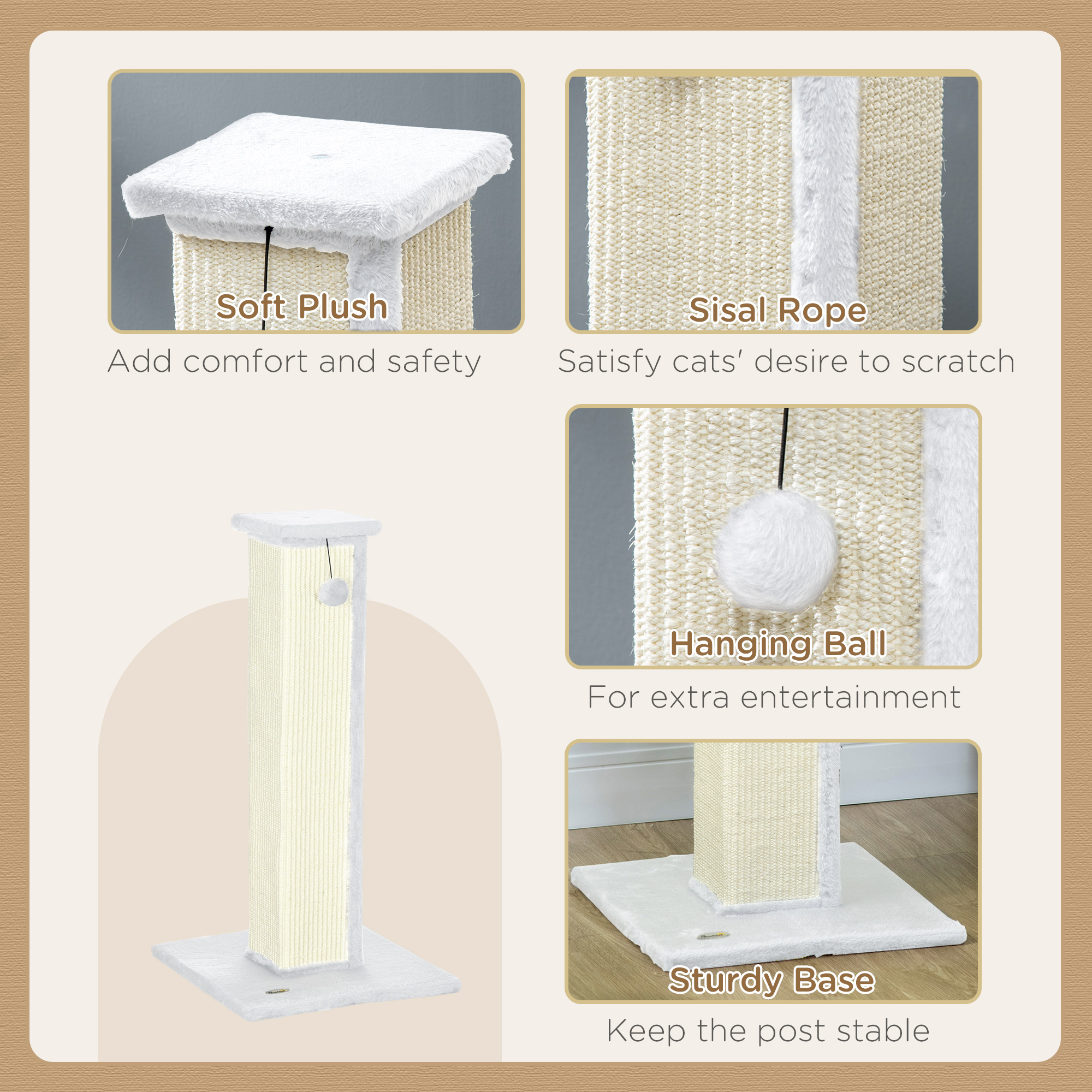 PawHut 81cm Cat Scratcher, Vertical Full Scratcher w/ Natural Sisal Rope, Hanging Ball, Soft Plush White 5