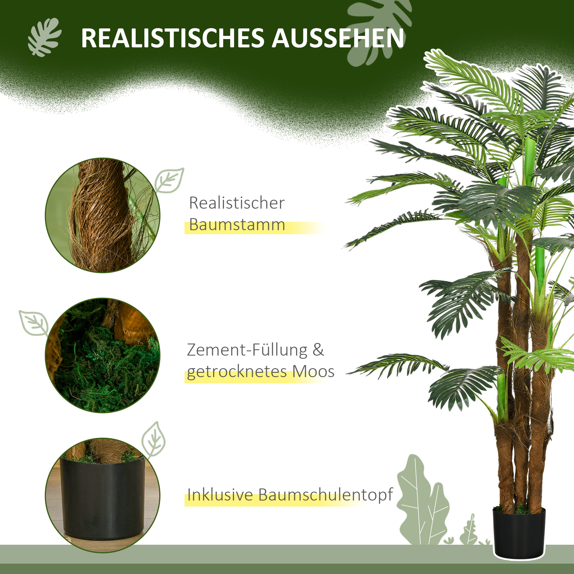 Kunstpalm, 1,6 m, realistlikud oksad, dekoratiivtaim, plastik, potiga, pruun+roheline