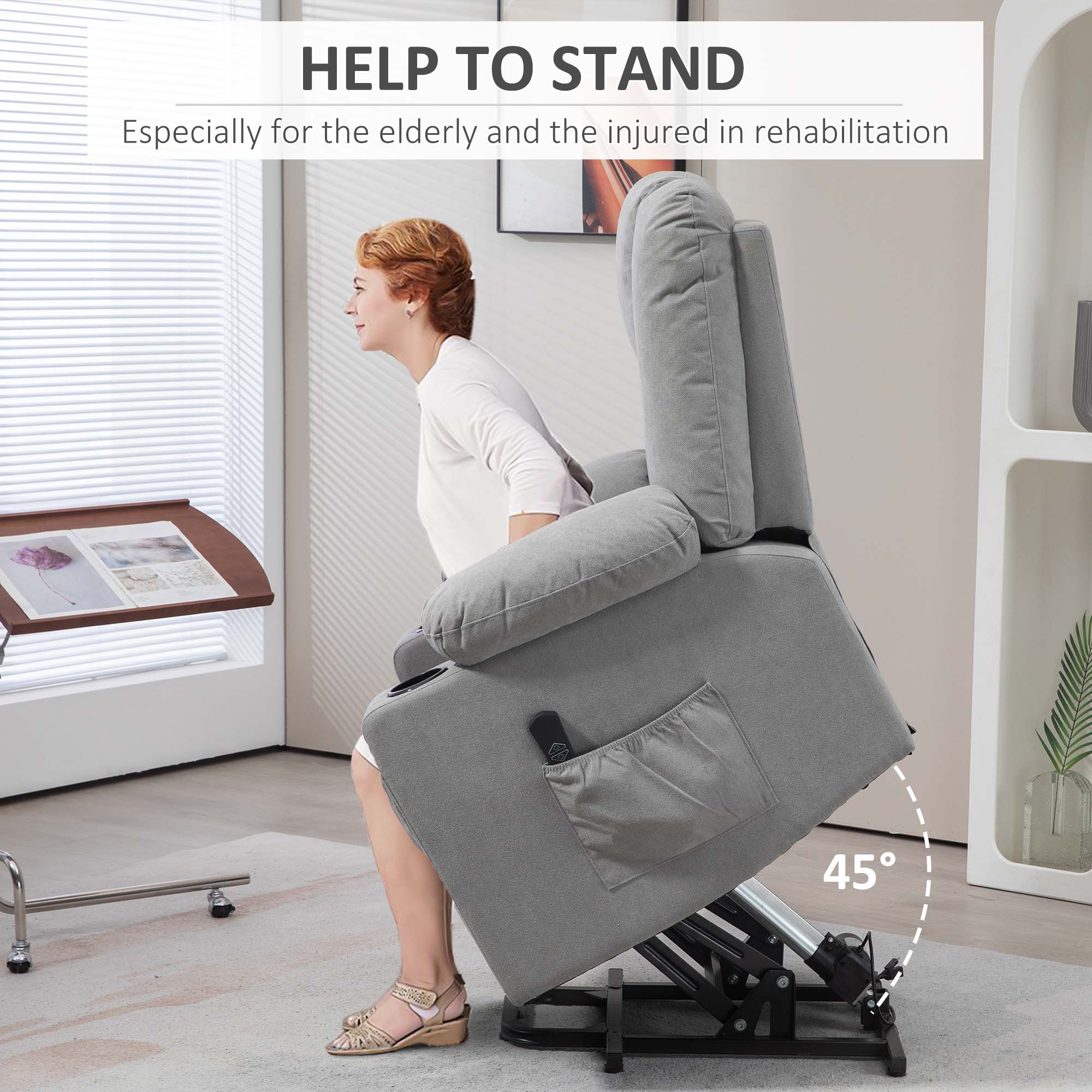 HOMCOM Oversized Riser and Recliner Chairs for the Elderly, Fabric Upholstered Lift Chair for Living Room with Remote Control, Side Pockets, Cup Holder, Light Grey 4