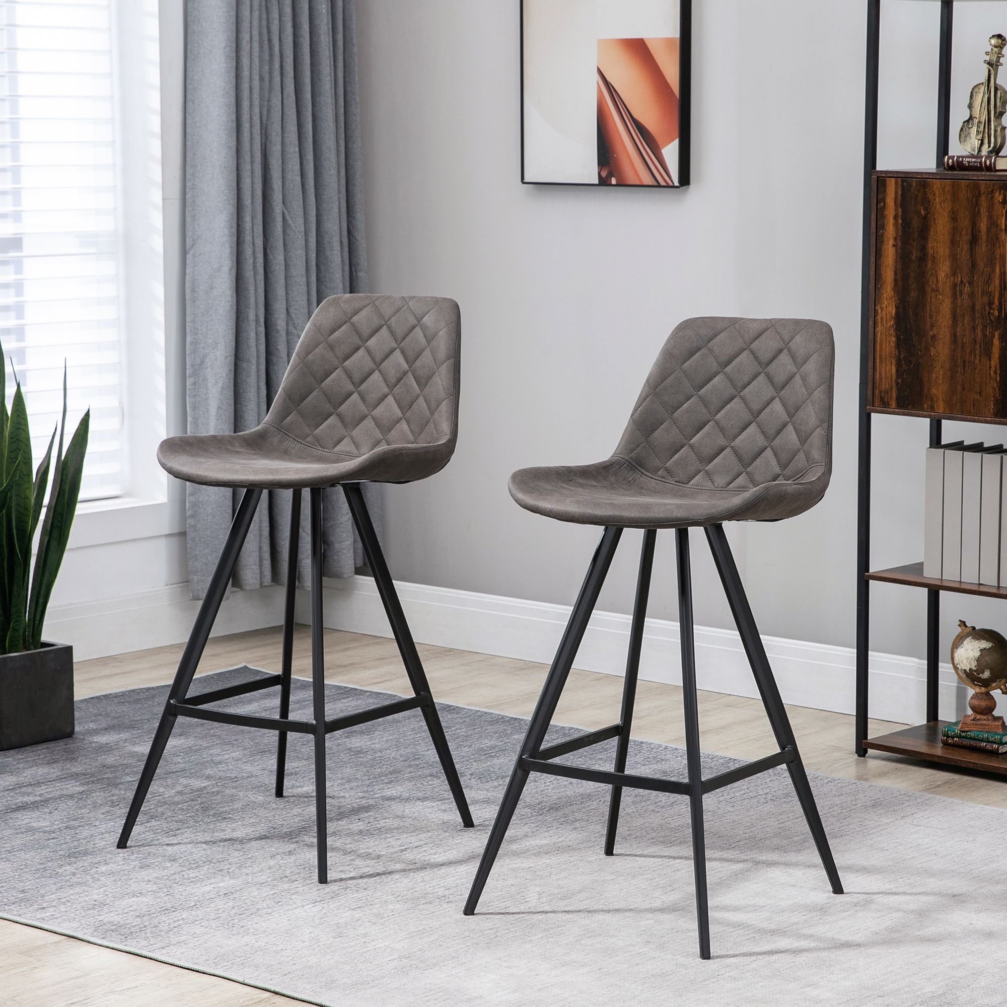 HOMCOM Set Of 2 Bar Stools Vintage Microfiber Cloth Tub Seats Padded Comfortable Steel Frame Footrest Quilted Home Bar Cafe Kitchen Chair Stylish Dark Grey 2