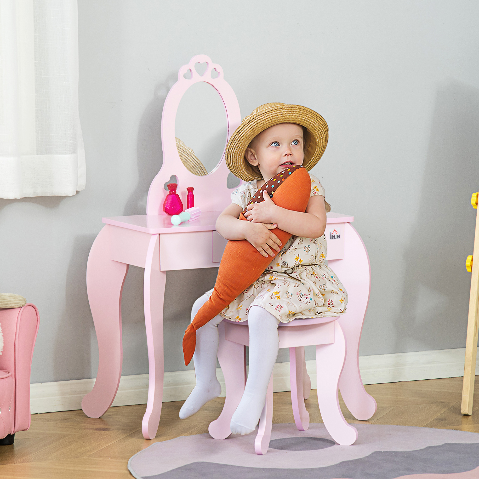 HOMCOM Kids Vanity Table & Stool Girls Dressing Set Make Up Desk Chair Dresser Play Set with Mirror Pink 2