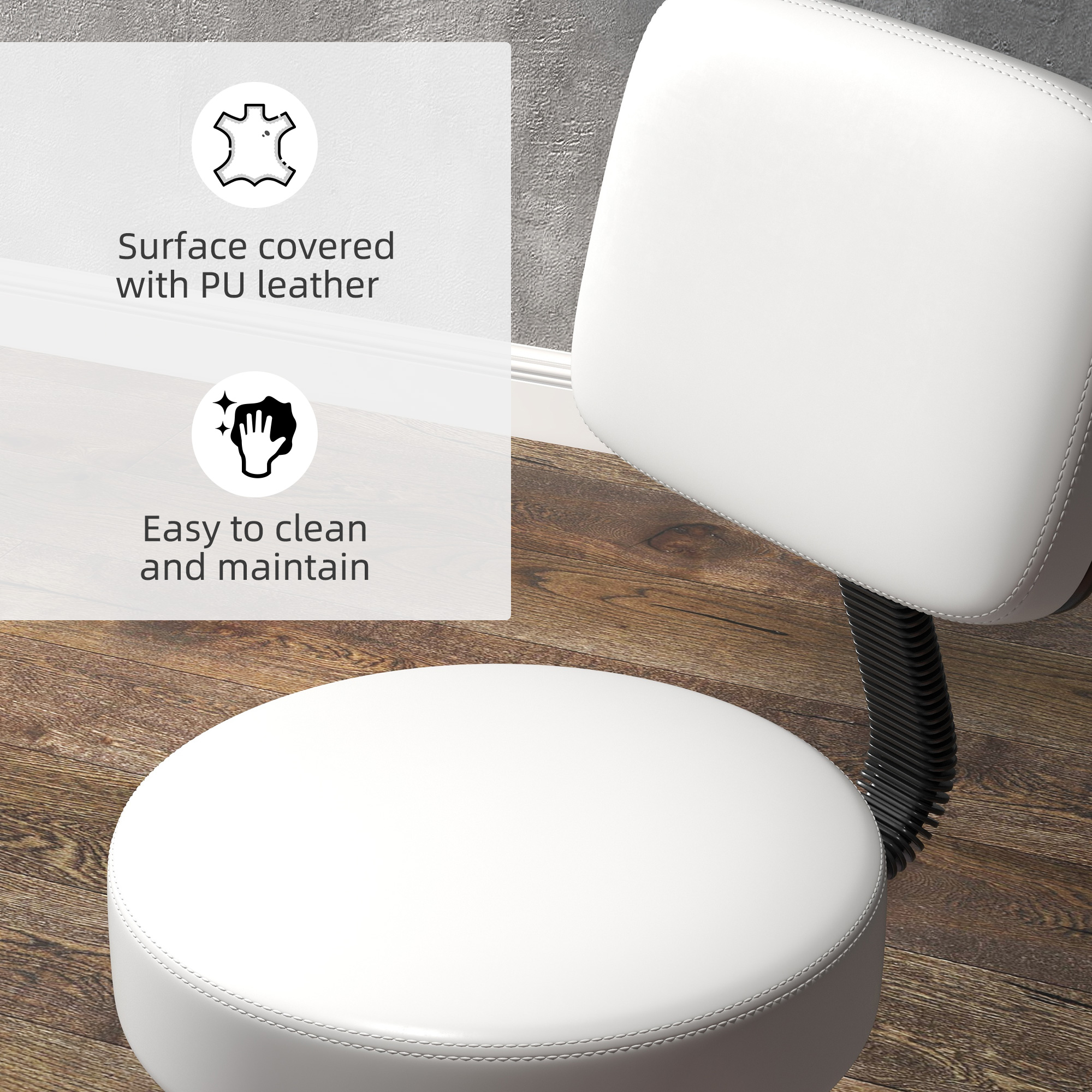 HOMCOM Beautician's Swivel Salon Chair w/ Padded Seat Back 5 Wheels Adjustable Height Salon Hairdressers Tattoo Spa Rolling Cushion Professional 48cm White 4