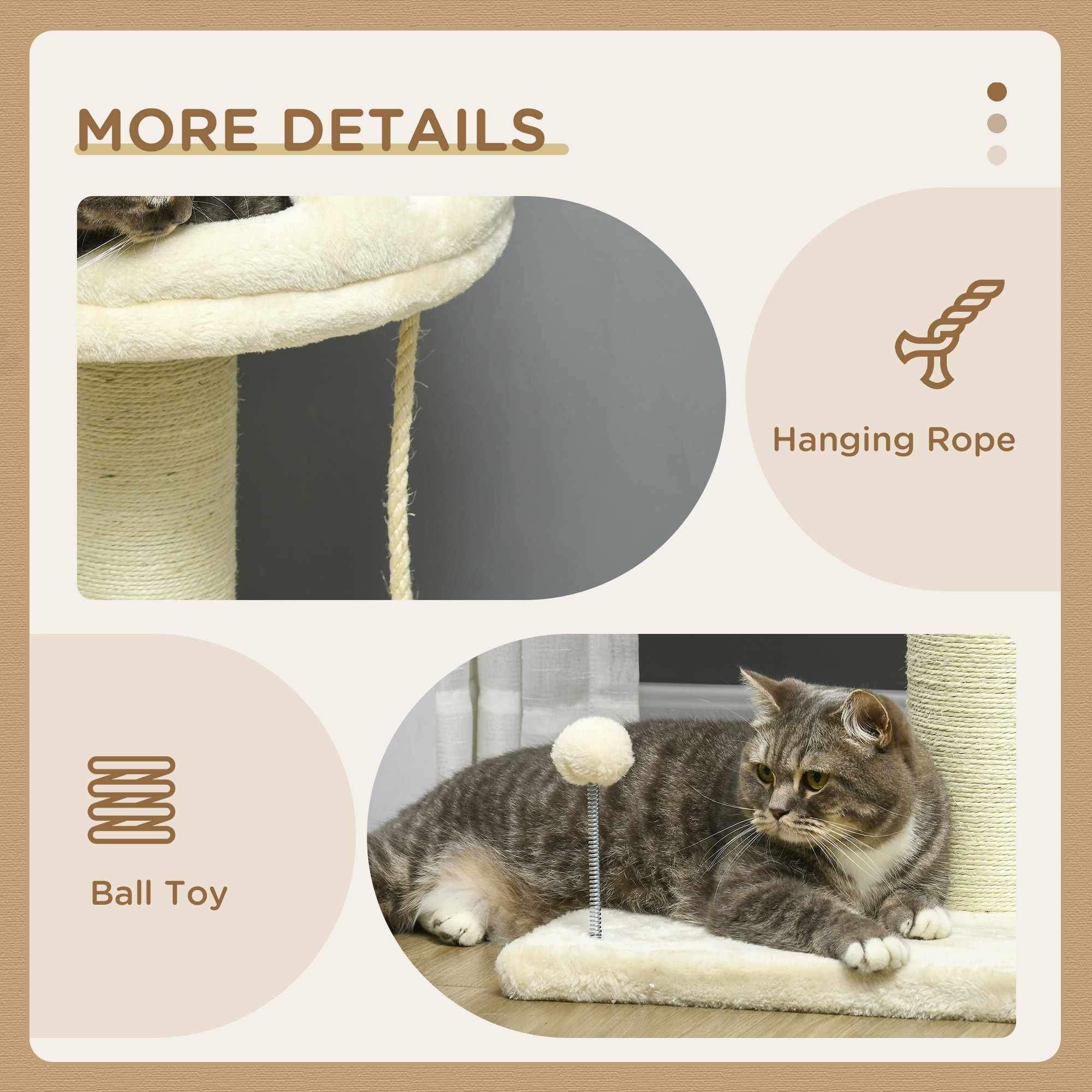 PawHut Cat Tree, with Sisal Wrapped Scratching Post Cream 5