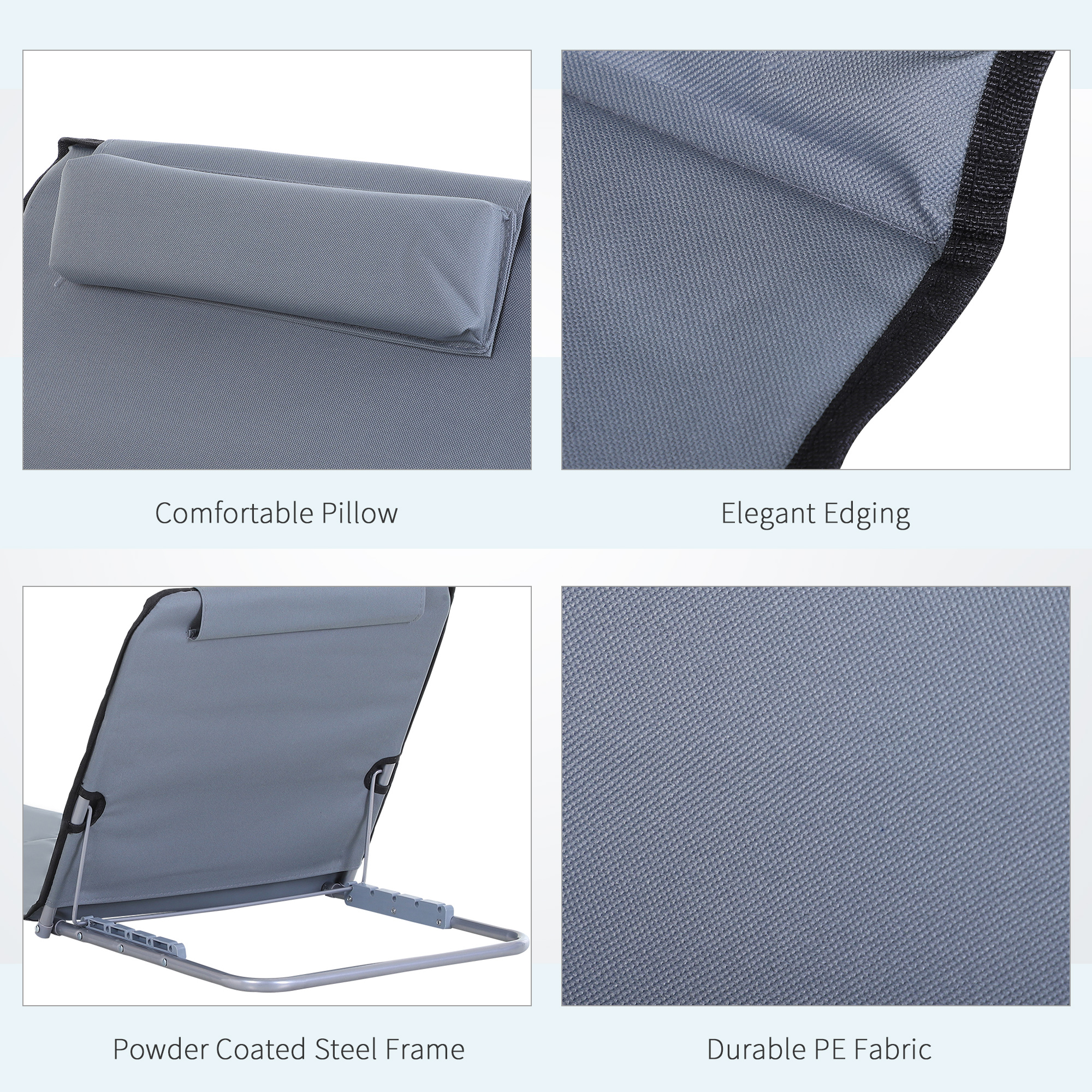 Outsunny Set of 2 Foldable Garden Beach Chair Mat Lightweight Outdoor Sun Lounger Seats Adjustable Back Metal Frame PE Fabric Head Pillow w/ Carry Bag,Grey 7
