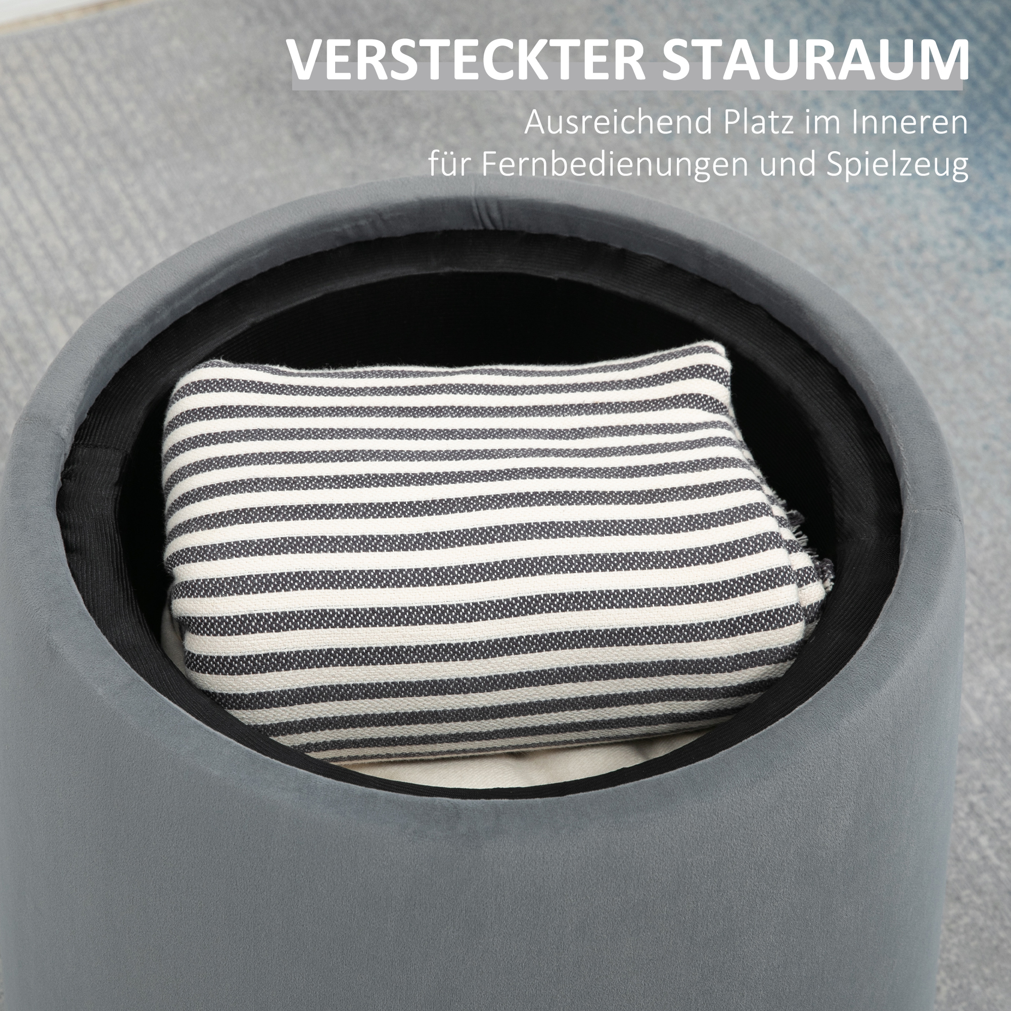 2-ühes sametist välimusega taburet hoiuruumi ja eemaldatava kaanega, Ø44 cm x 47,5 cm, hall
