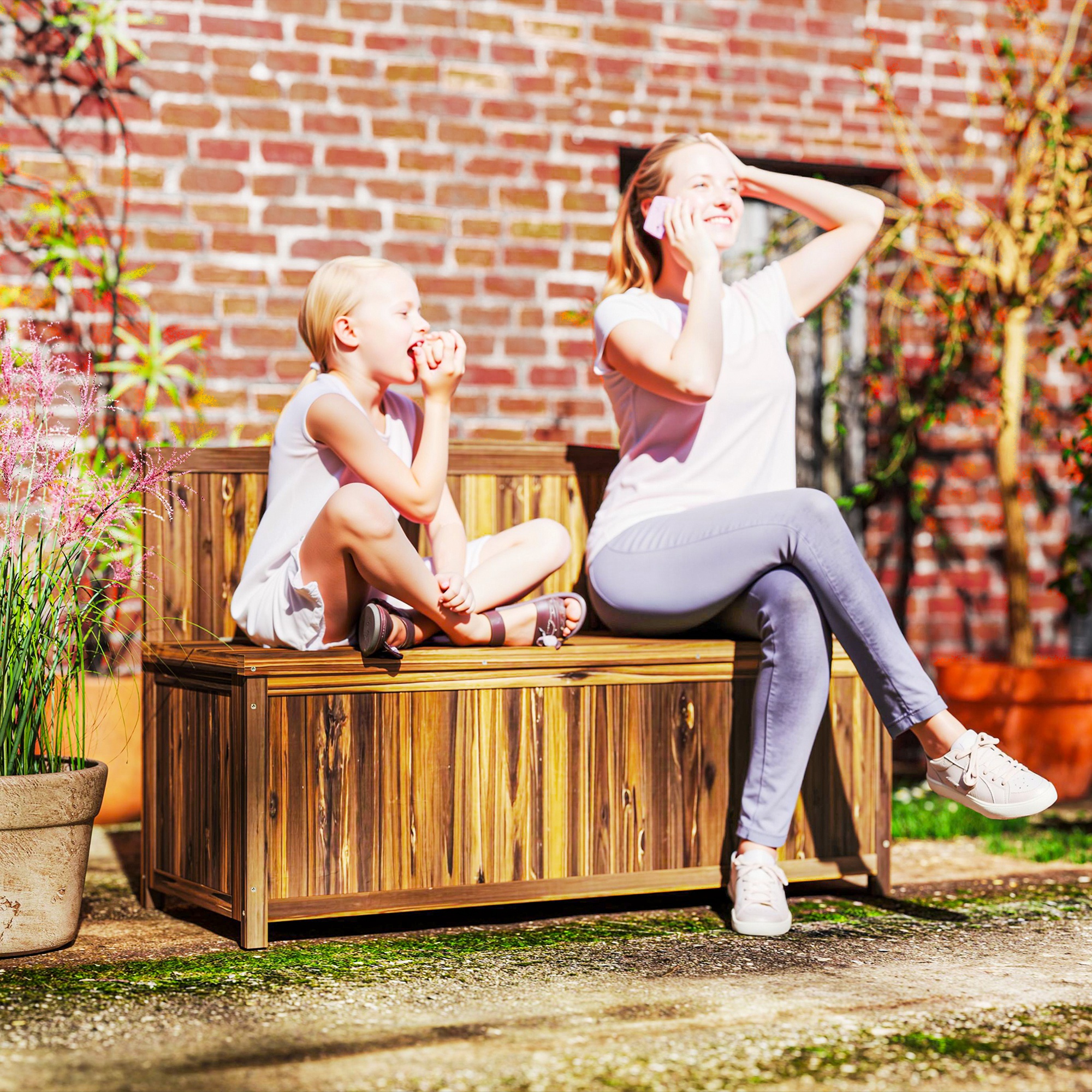Outsunny Wood Storage Bench for Patio Furniture, Outdoor Garden Seating Tools, Brown 8