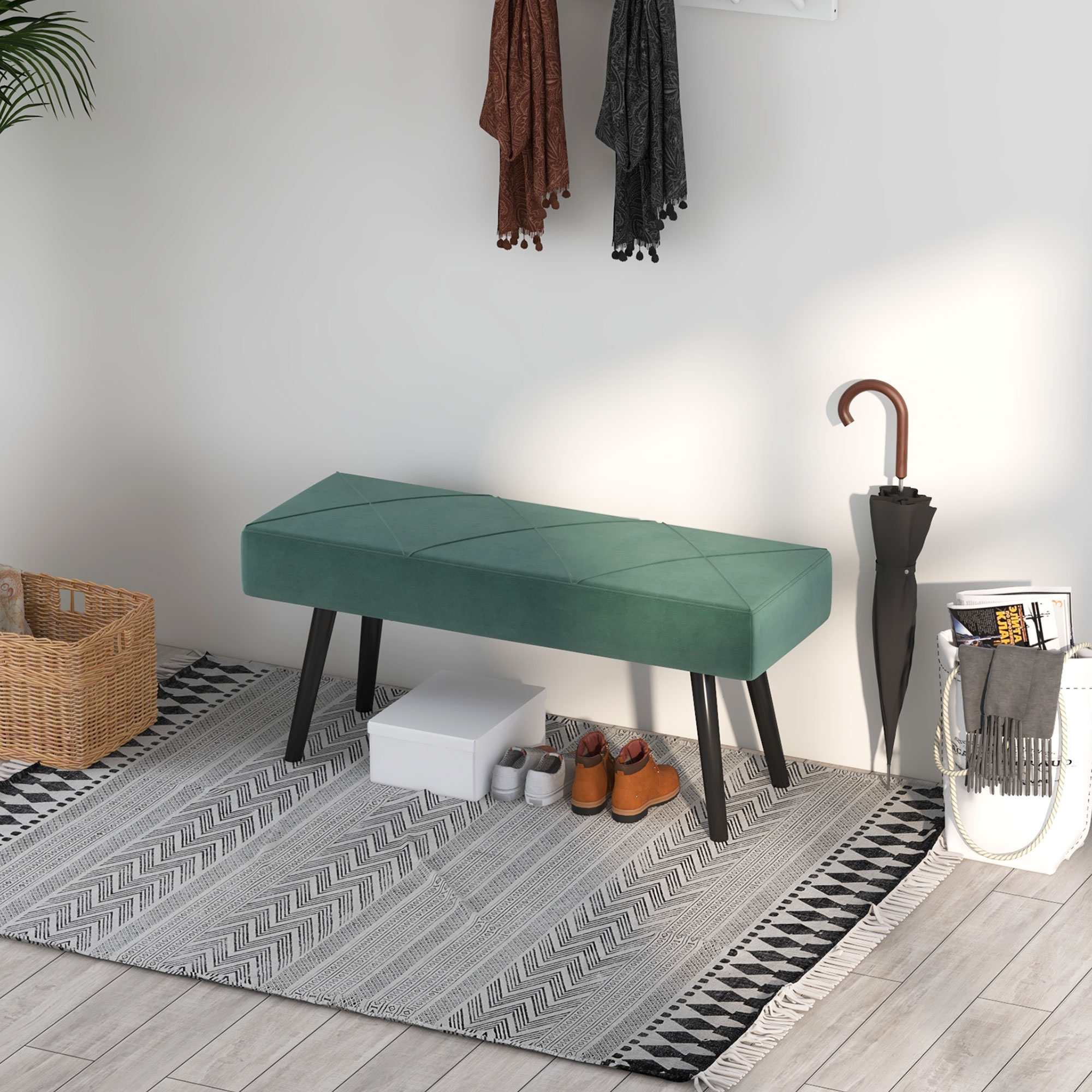 HOMCOM End of Bed Bench with X-Shape Design and Steel Legs, Upholstered Hallway Bench for Bedroom, Green 8