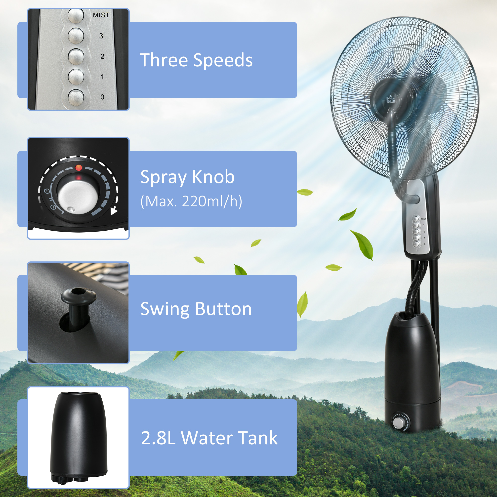 HOMCOM 18" Pedestal Fan with Water Mist Spray, Standing Fan, Humidifying Misting Fan with 3 Speeds, 2.8L Water Tank, Black 5