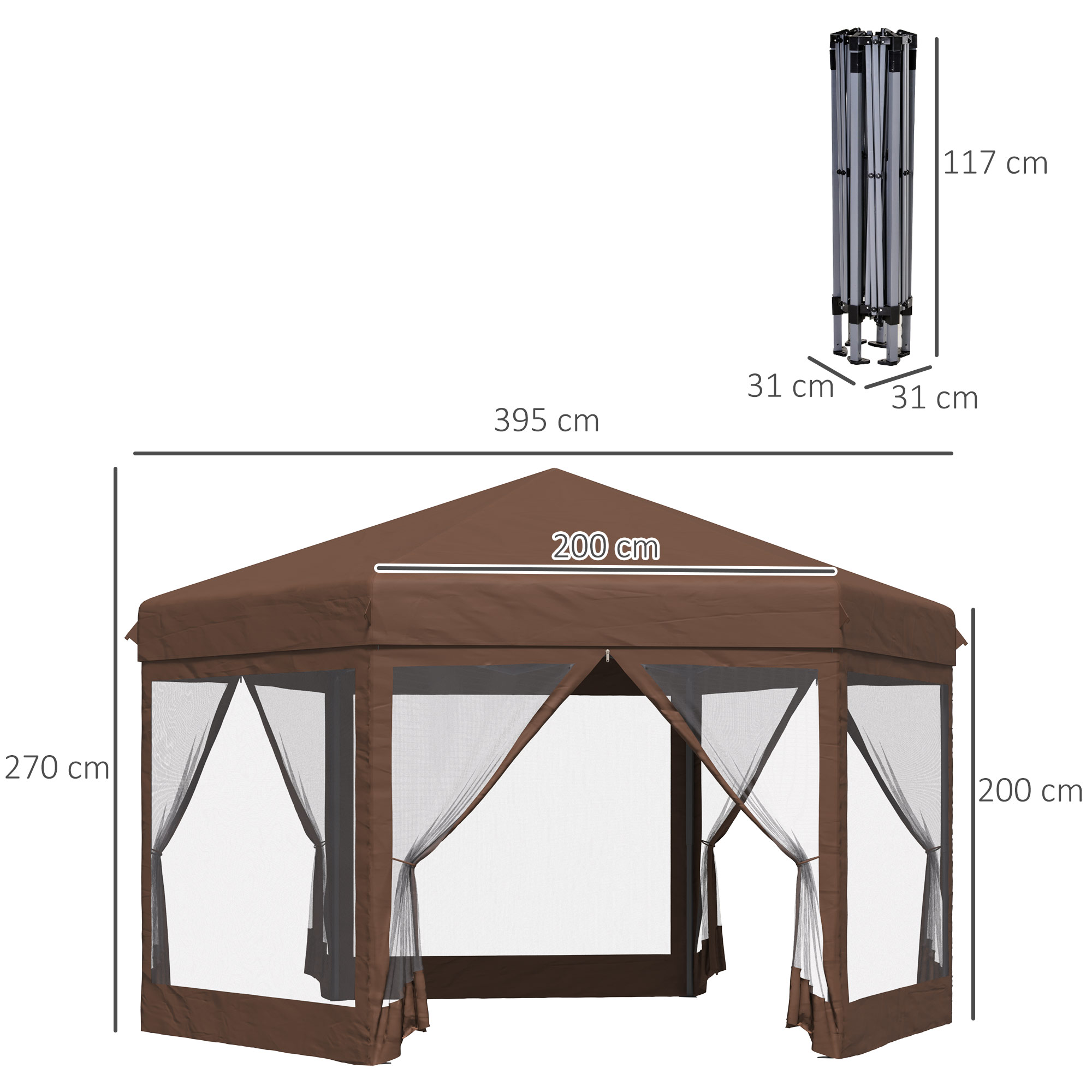 Outsunny 3.5m x 4m Hexagonal Pop Up Gazebo, Canopy Tent Sun Shelter for Patio Outdoor Party, Height Adjustable, with Mosquito Netting and Carry Bag Brown 3