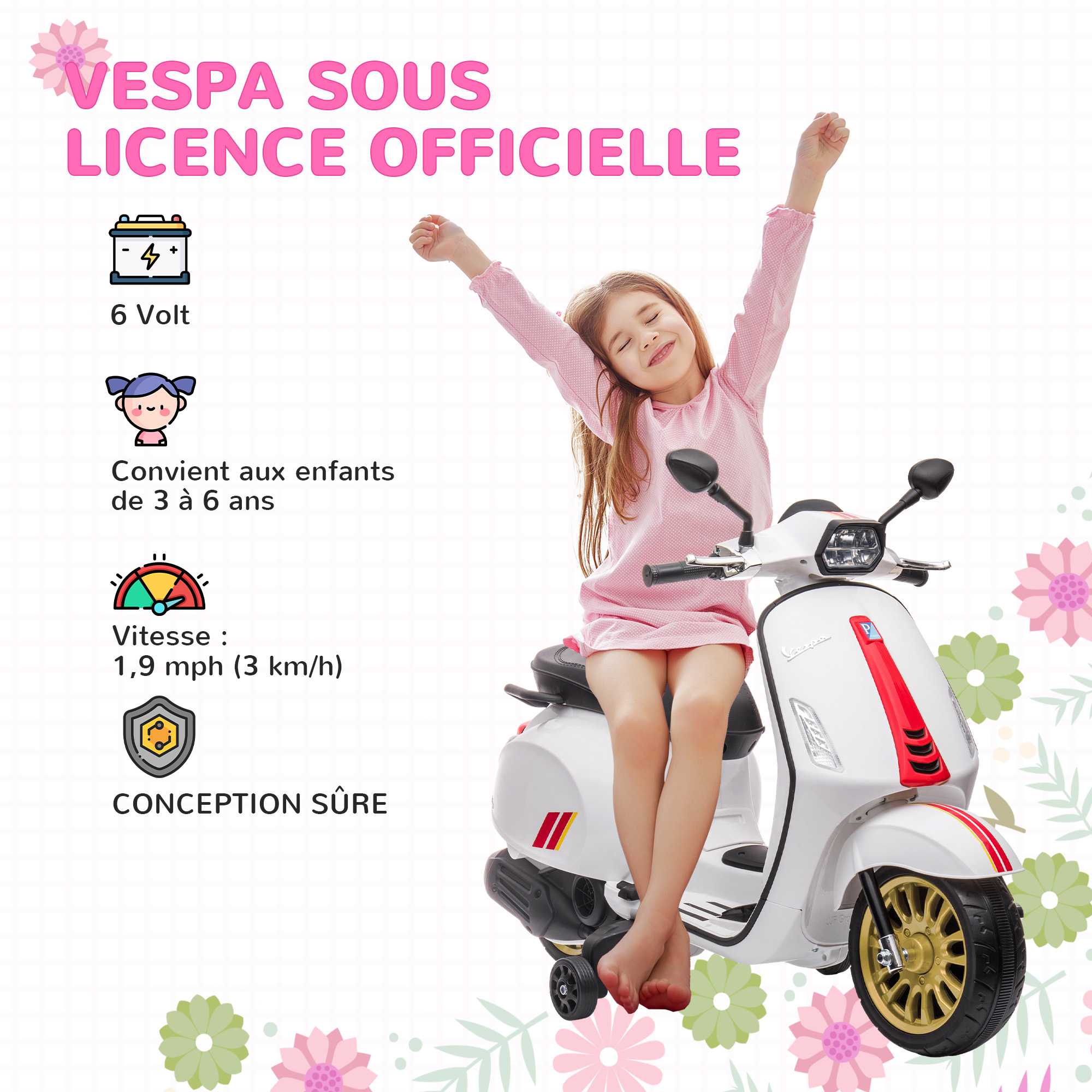 Scooter électrique Vespa 6V – Musique MP3, Radio FM, Phare – 2 Roues Stabilisatrices – Dès 3 Ans – Rose