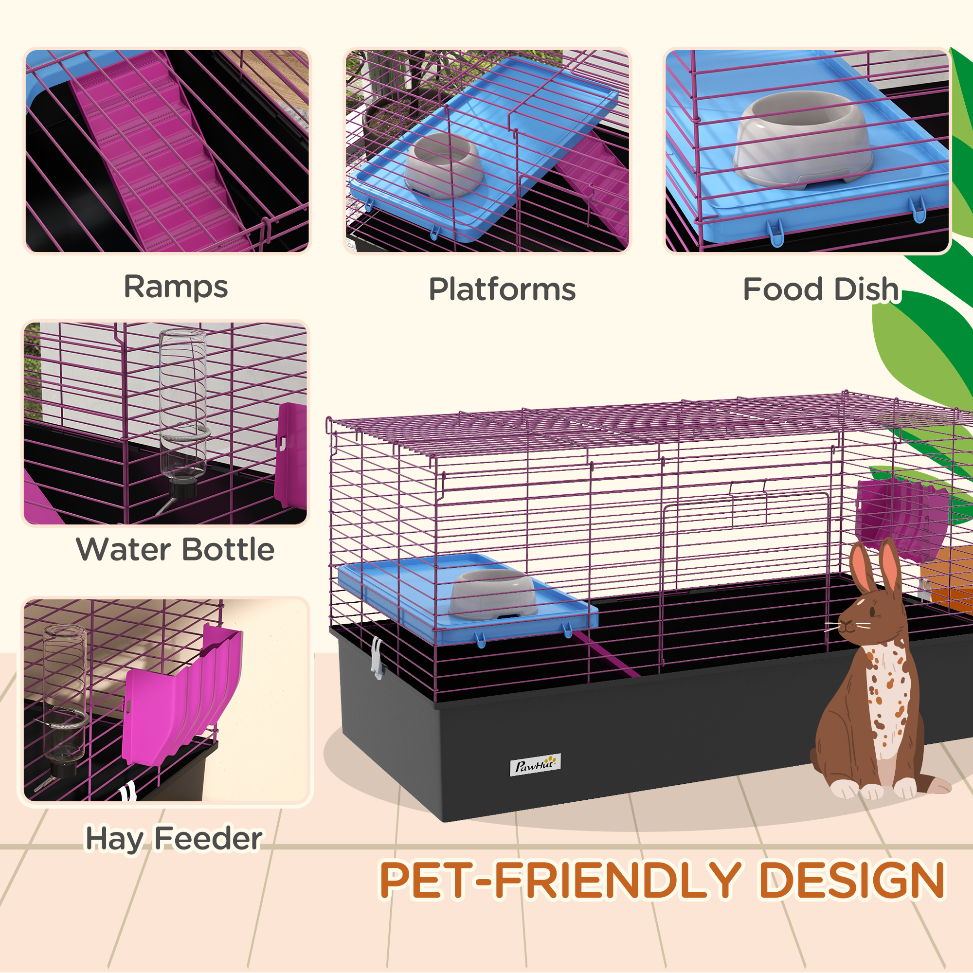 PawHut Chinchillas Small Rabbit Guinea Pig Small Animal Cage, Pet Playhouse, with Platform, Ramp, 99 x 52 x 53cm, Black 5