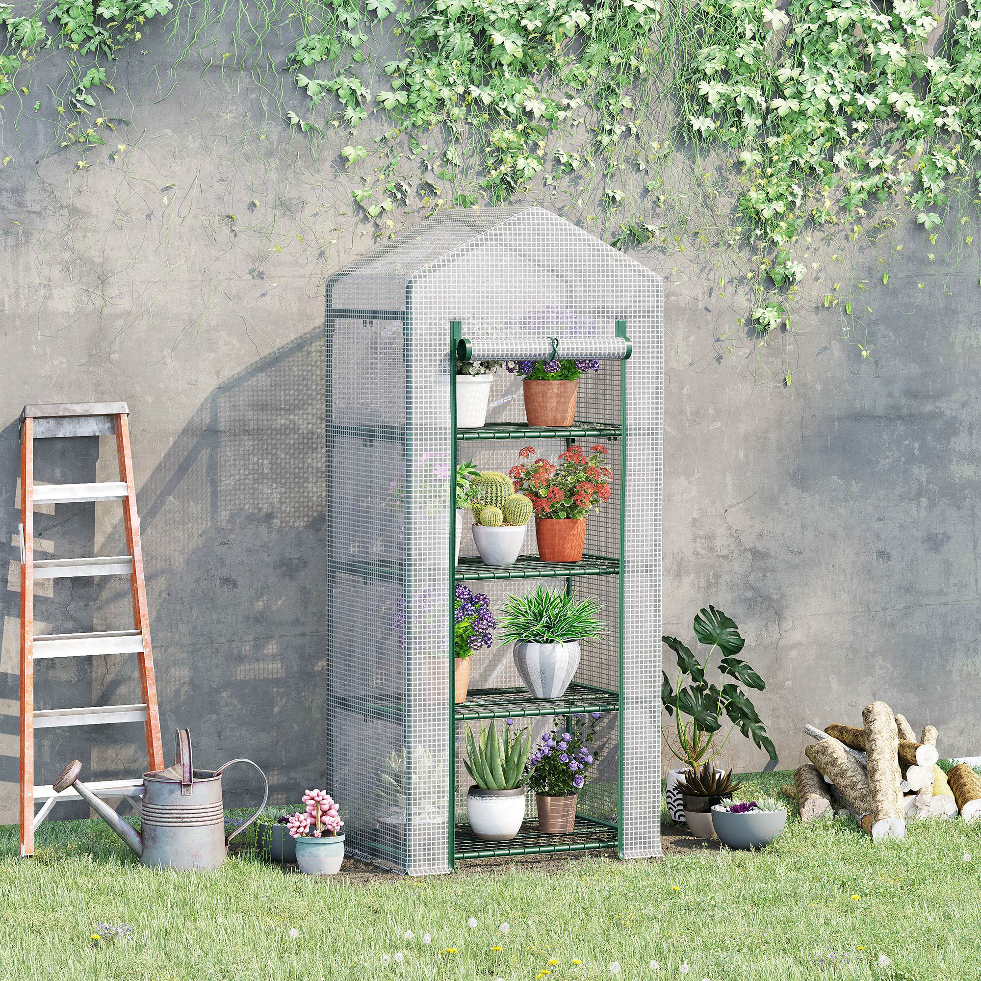 Outsunny 4 Tier Mini Greenhouse, Portable Compact Green House with Steel Frame, PE Cover, Roll-up Door, 70 x 50 x 160 cm, White 2
