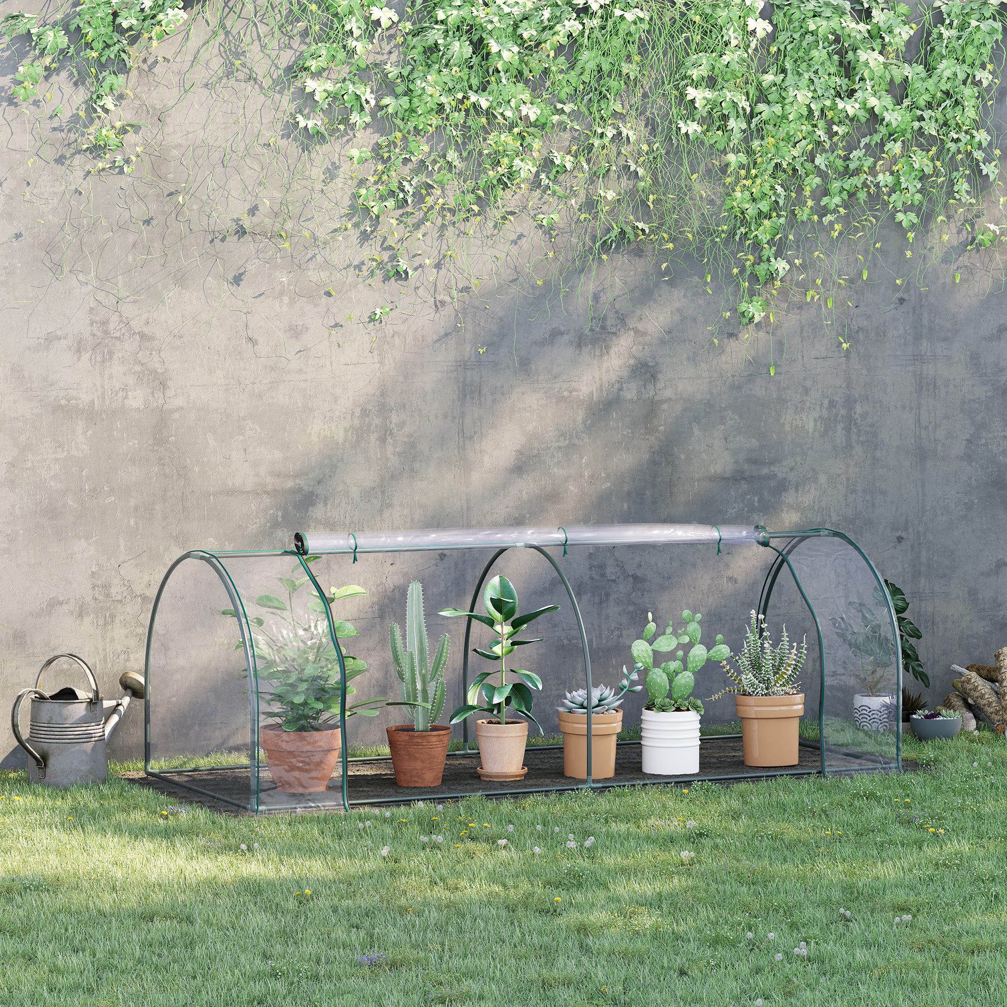 Outsunny Mini Greenhouse, Small Polytunnel Green House with Zipped Doors, Steel Frame for Garden Patio, 250 x 100 x 80cm, Clear 9