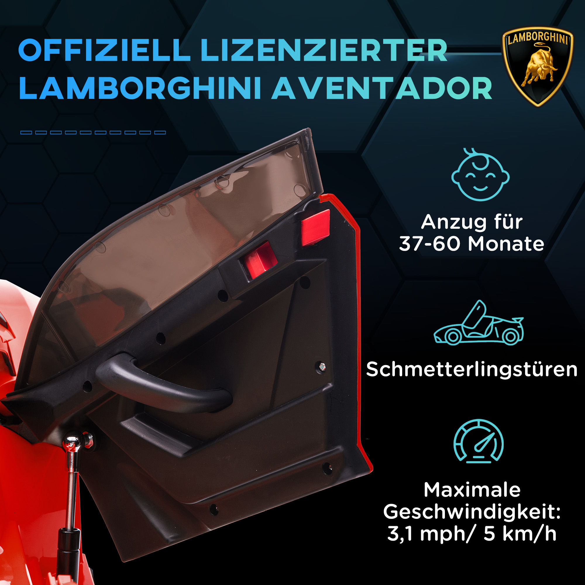 Elektriline lasteauto, litsentseeritud Lamborghini Aventador, kajakiibadega uksed, muusika, signaal, 3-5 aastaks, punane